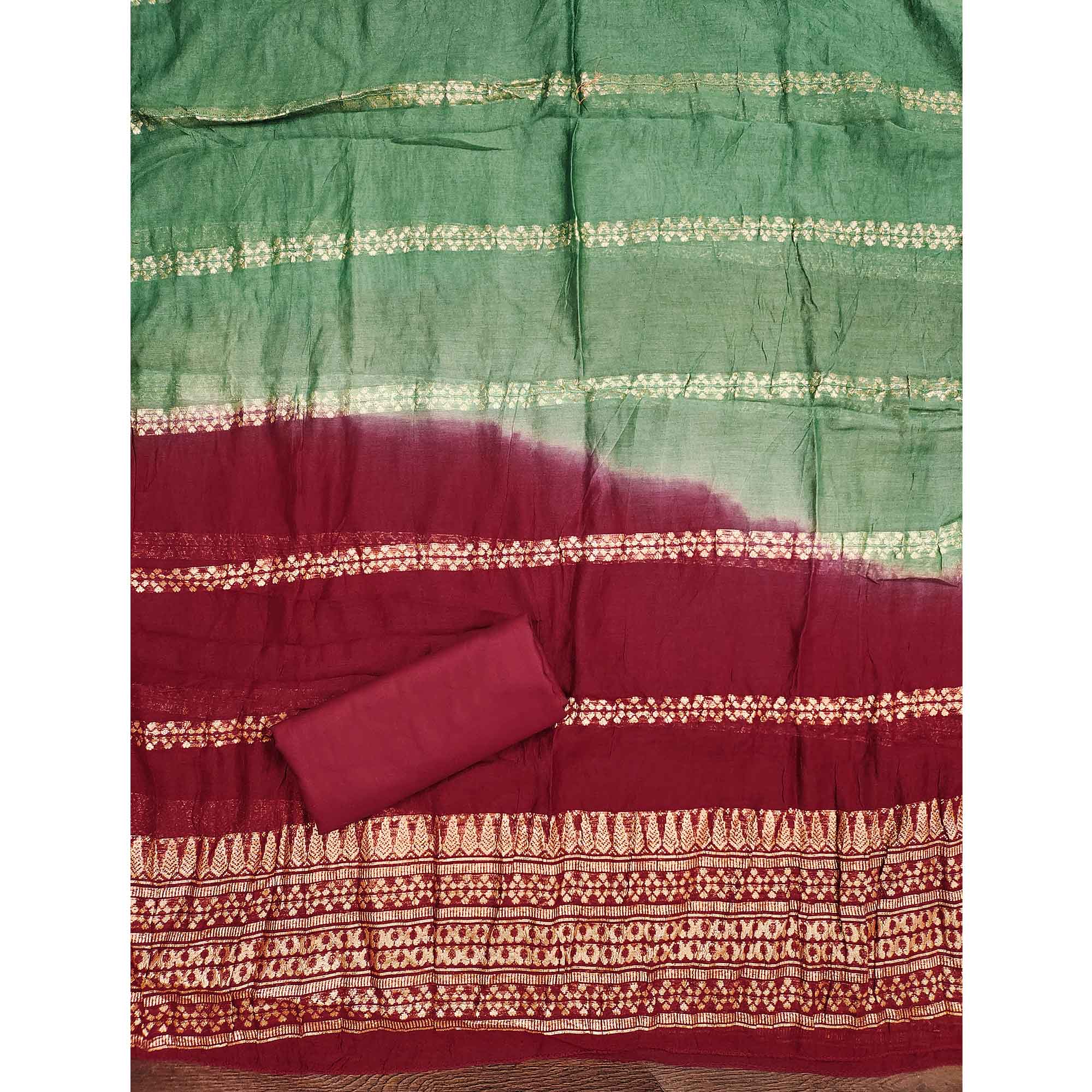 Classic Green Floral Embroidered Cotton Blend Dress Material With Shimmering Sequins Work