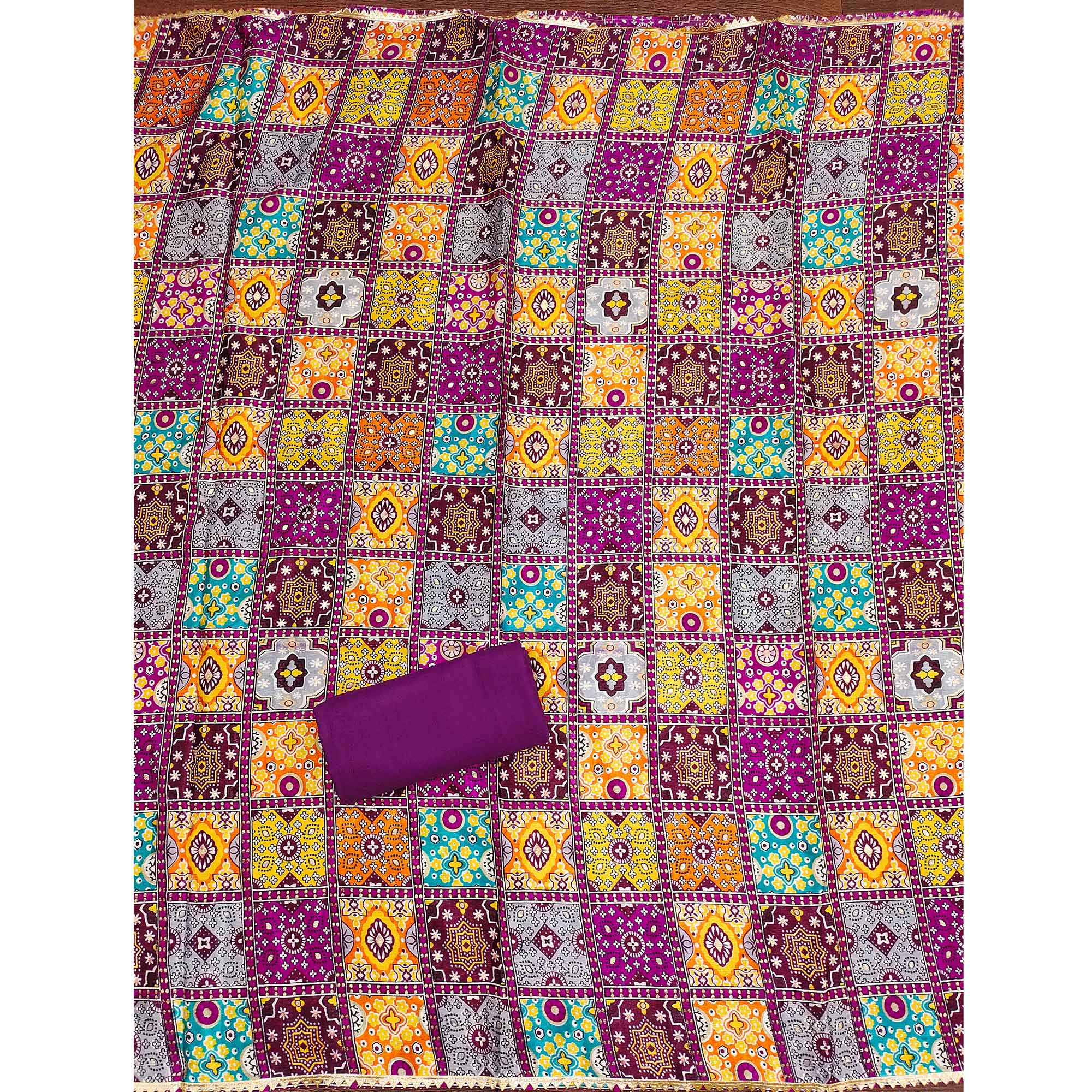 Stylish Purple Cotton Blend Dress Material Enriched With Floral Embroidery & Sequins Work