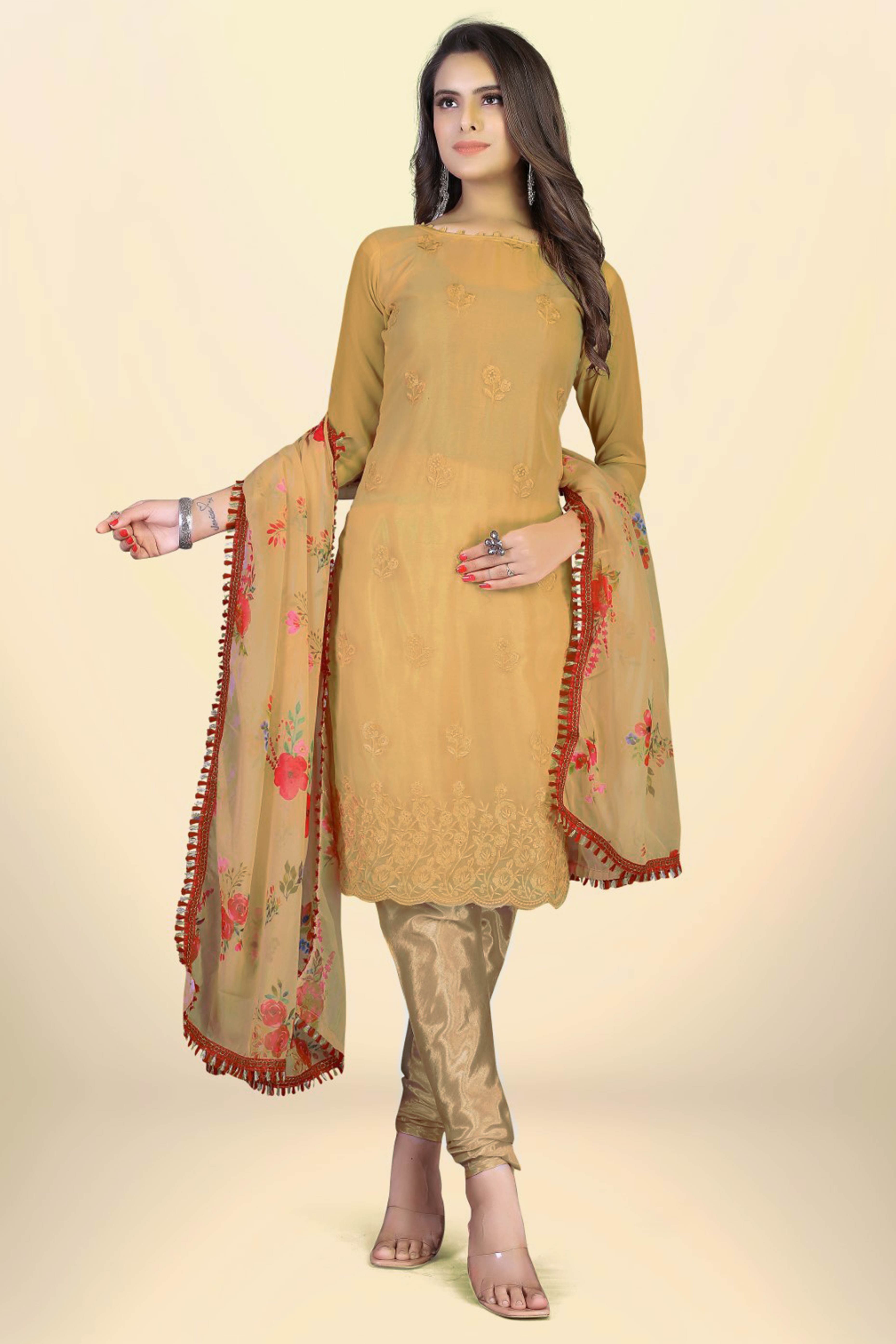 Chikoo Georgette Dress Material With Intricate Floral Thread Embroidery