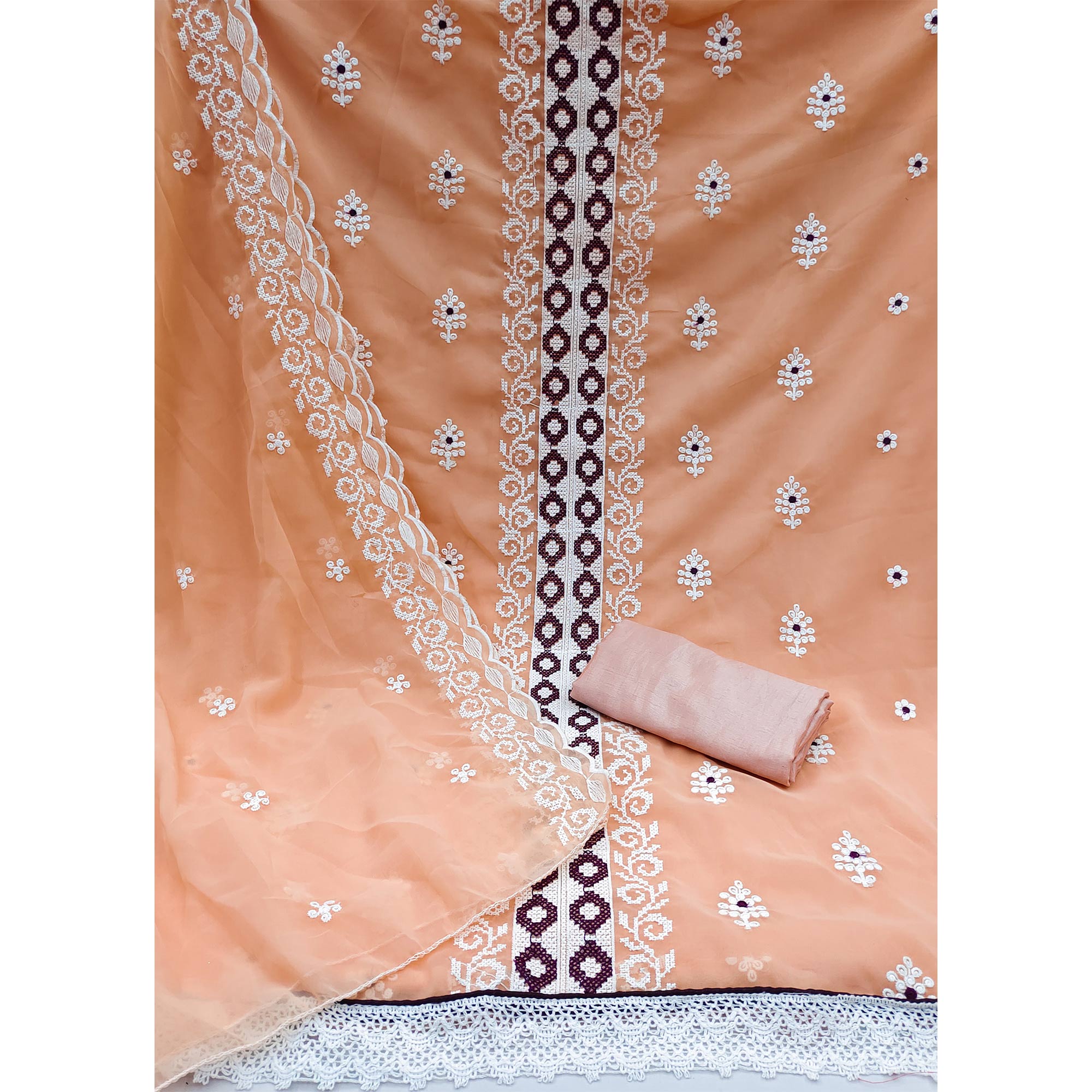 Peach Georgette Dress Material With Delicate Floral Thread Embroidery