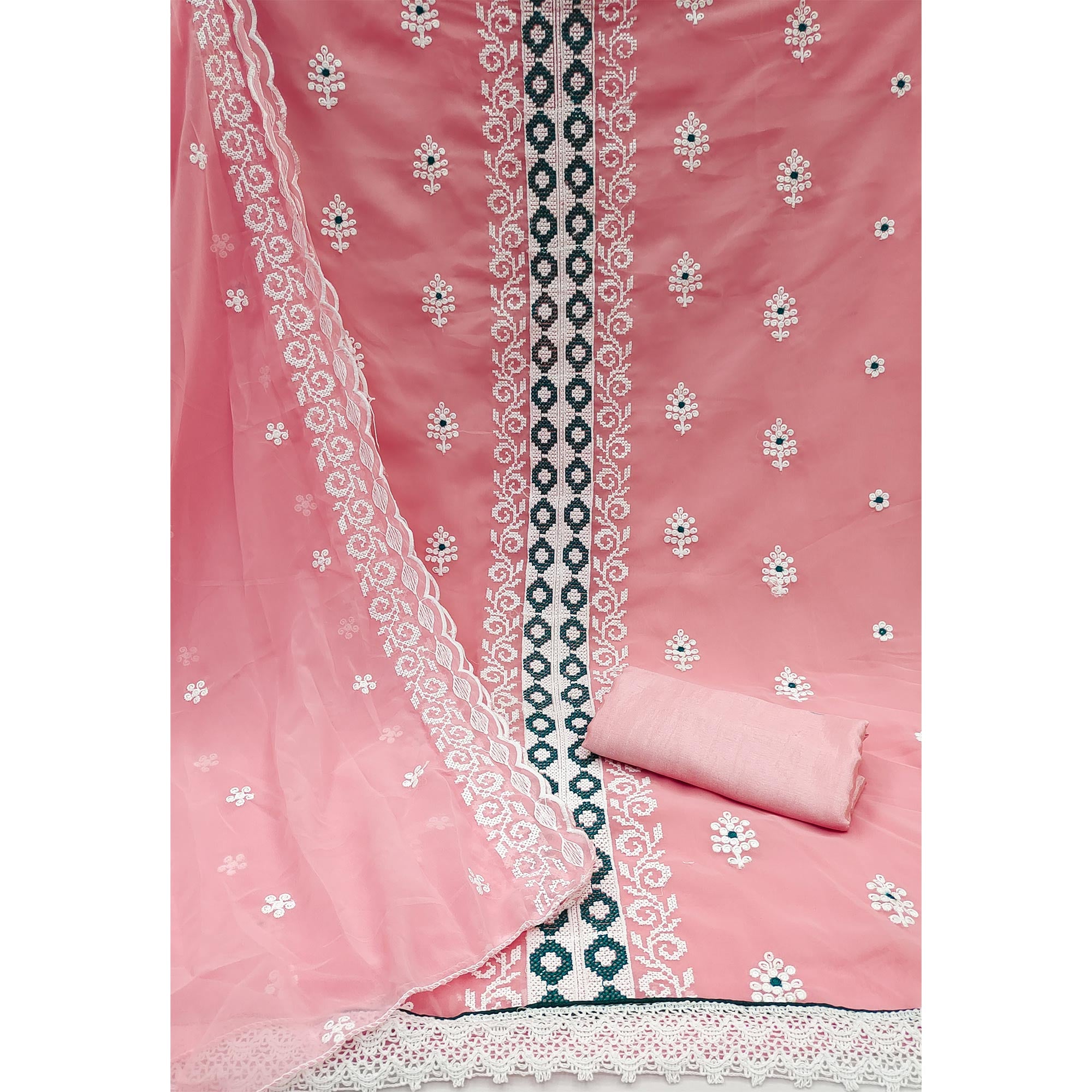 Pink Georgette Dress Material With Delicate Floral Thread Embroidery