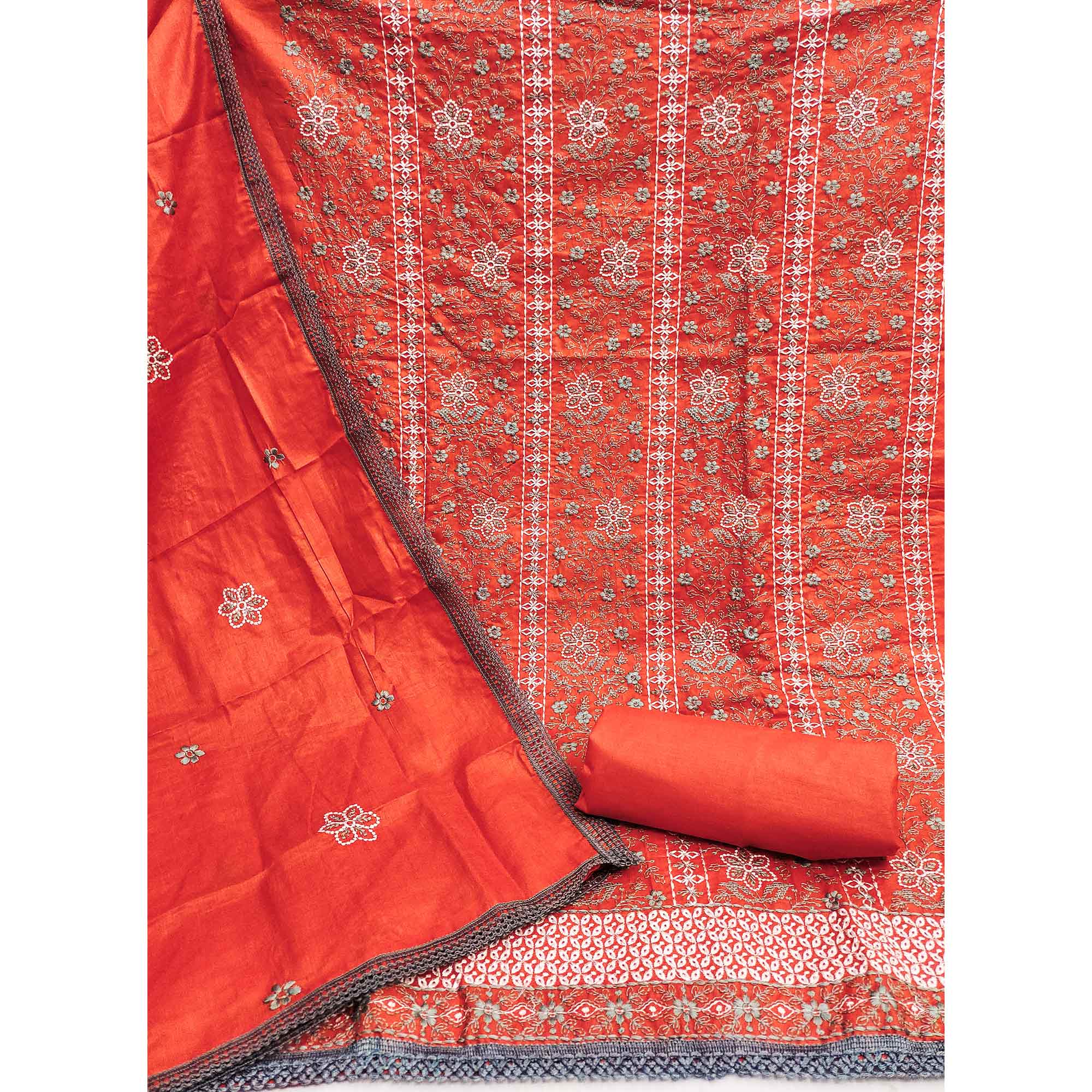 Orange Floral Embroidered Pure Cotton Dress Material