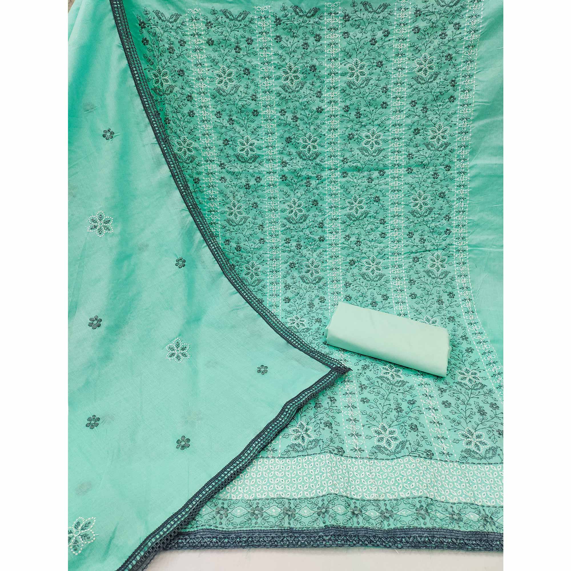 Sea Green Cotton Suit Fabric with Embroidered Floral Patterns