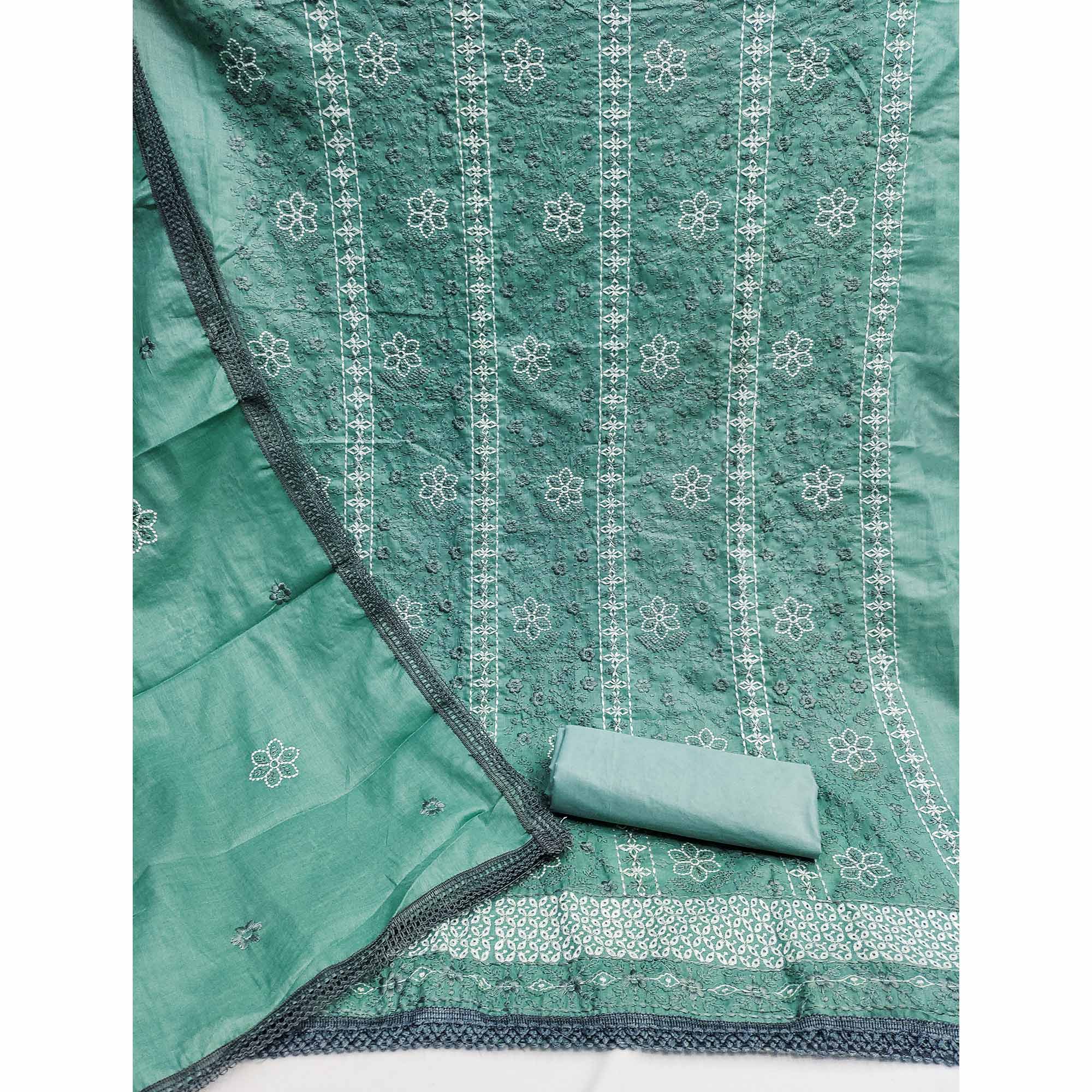 Turquoise Floral Embroidered Pure Cotton Dress Material