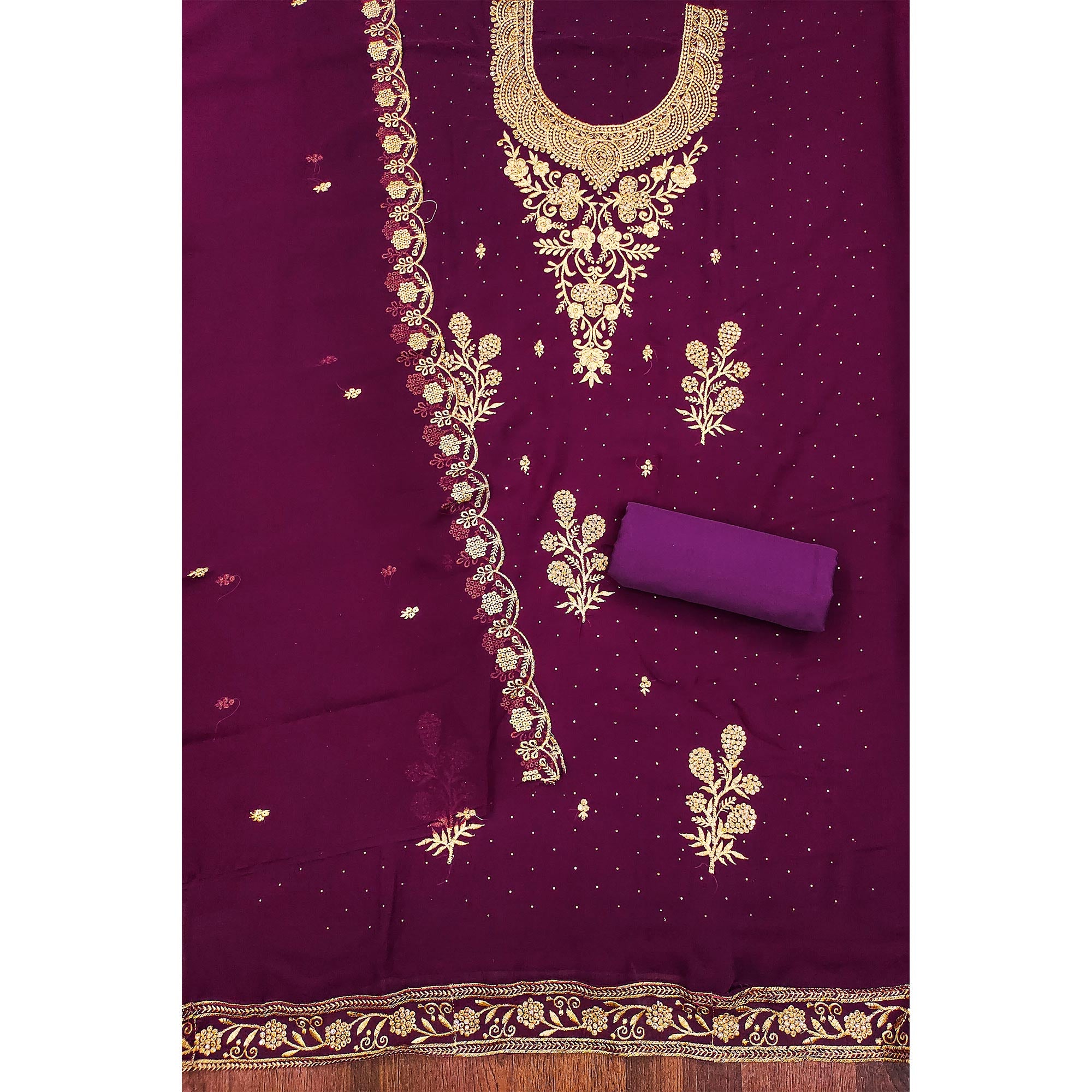 Purple Floral Embroidered Georgette Dress Material