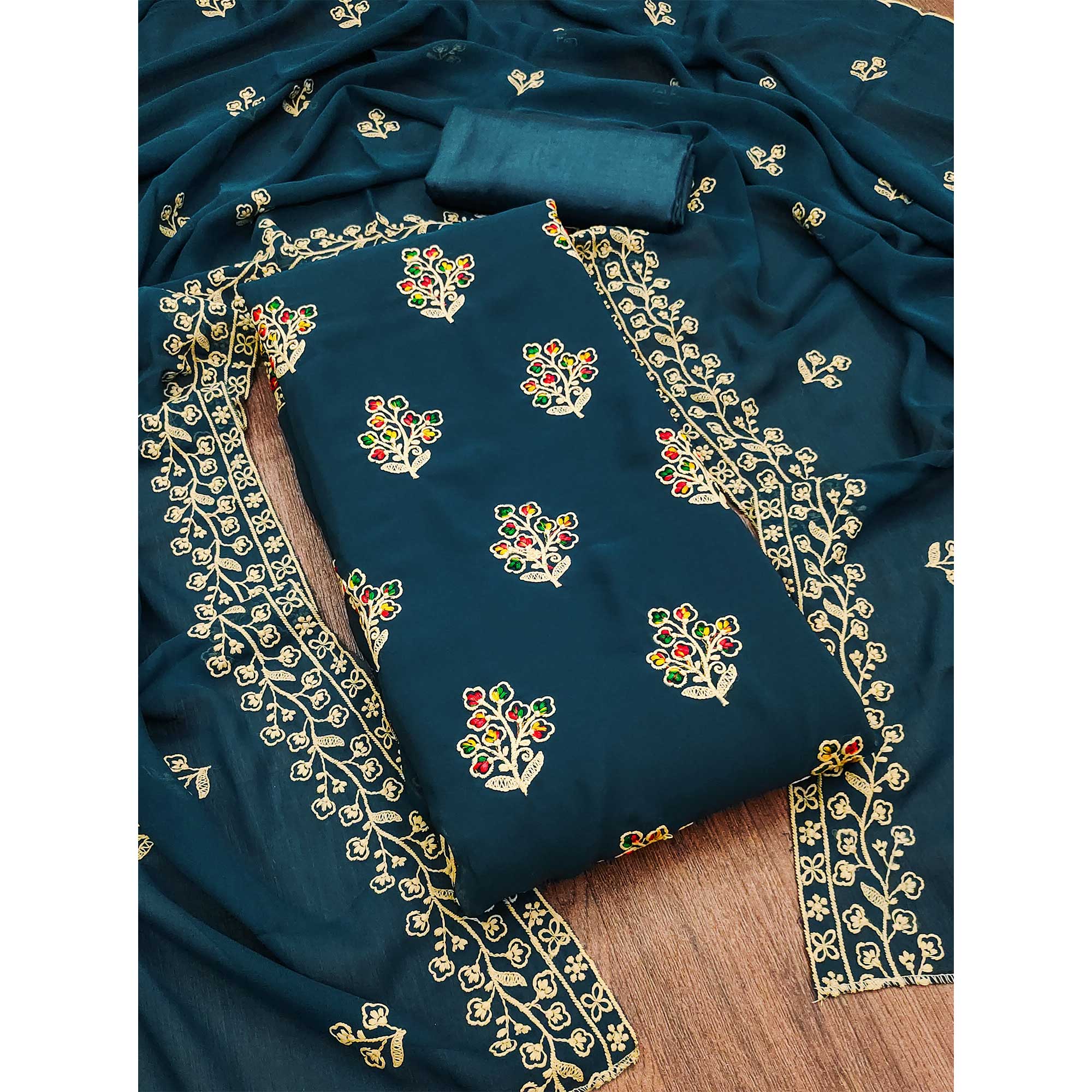 Teal Blue Floral Embroidered Georgette Dress Material
