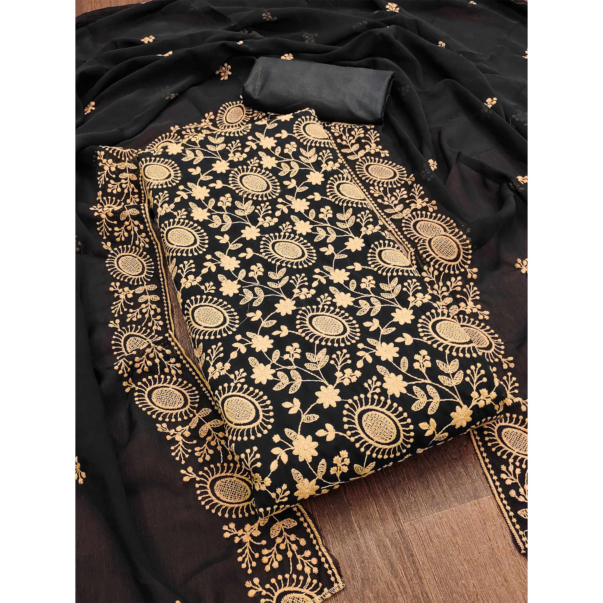 Black Floral Embroidered Georgette Dress Material