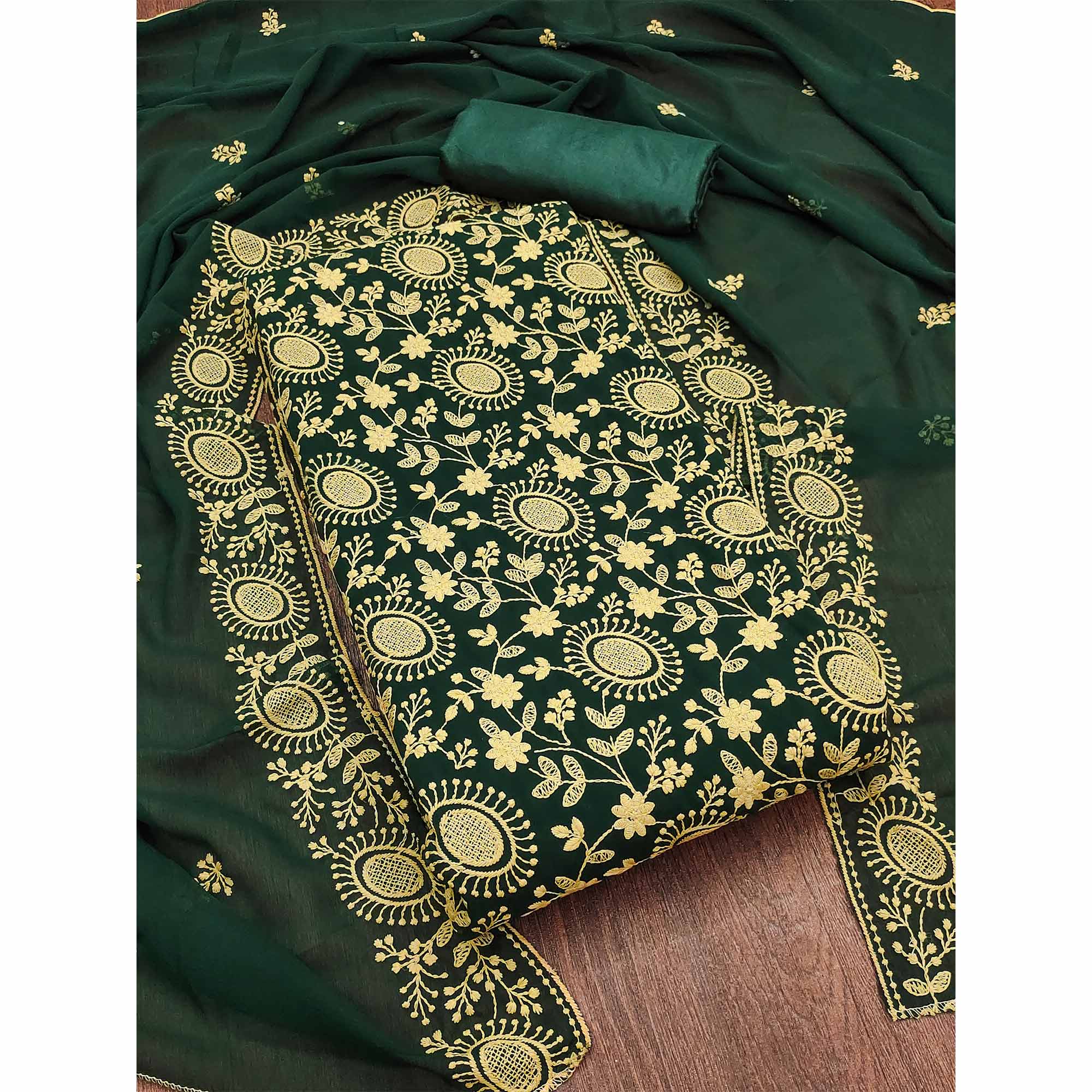 Green Floral Embroidered Georgette Dress Material