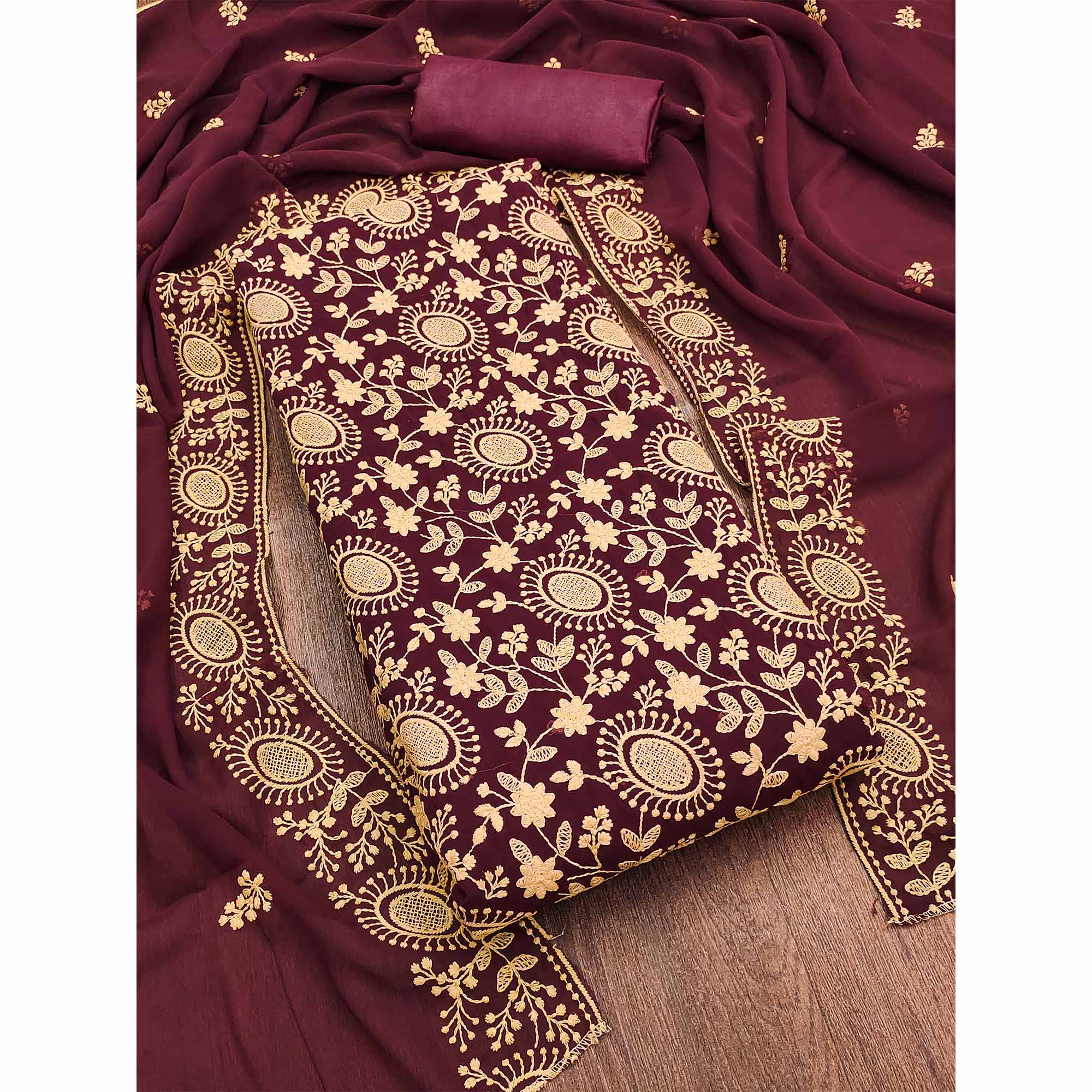 Maroon Floral Embroidered Georgette Dress Material