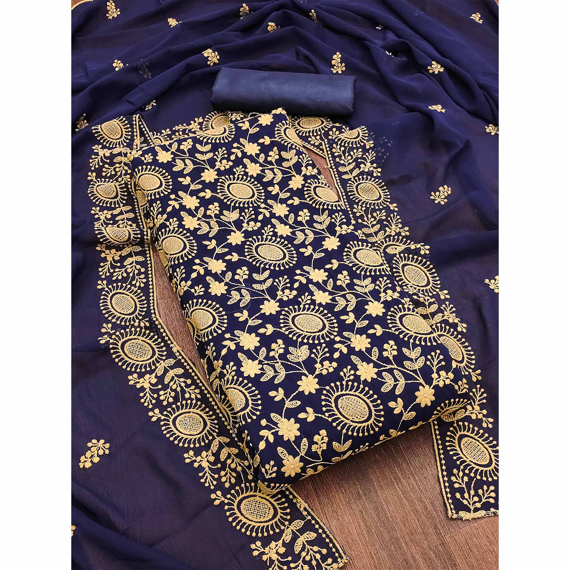Navy Blue Floral Embroidered Georgette Dress Material