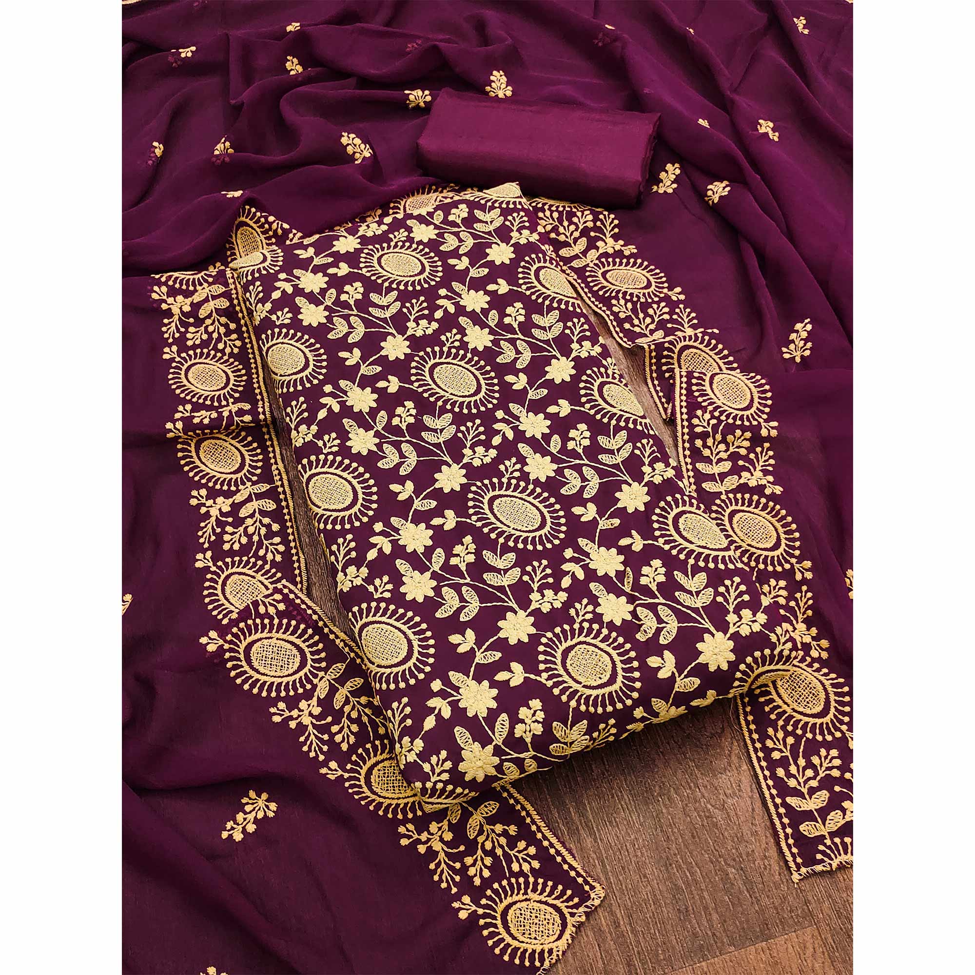 Purple Floral Embroidered Georgette Dress Material