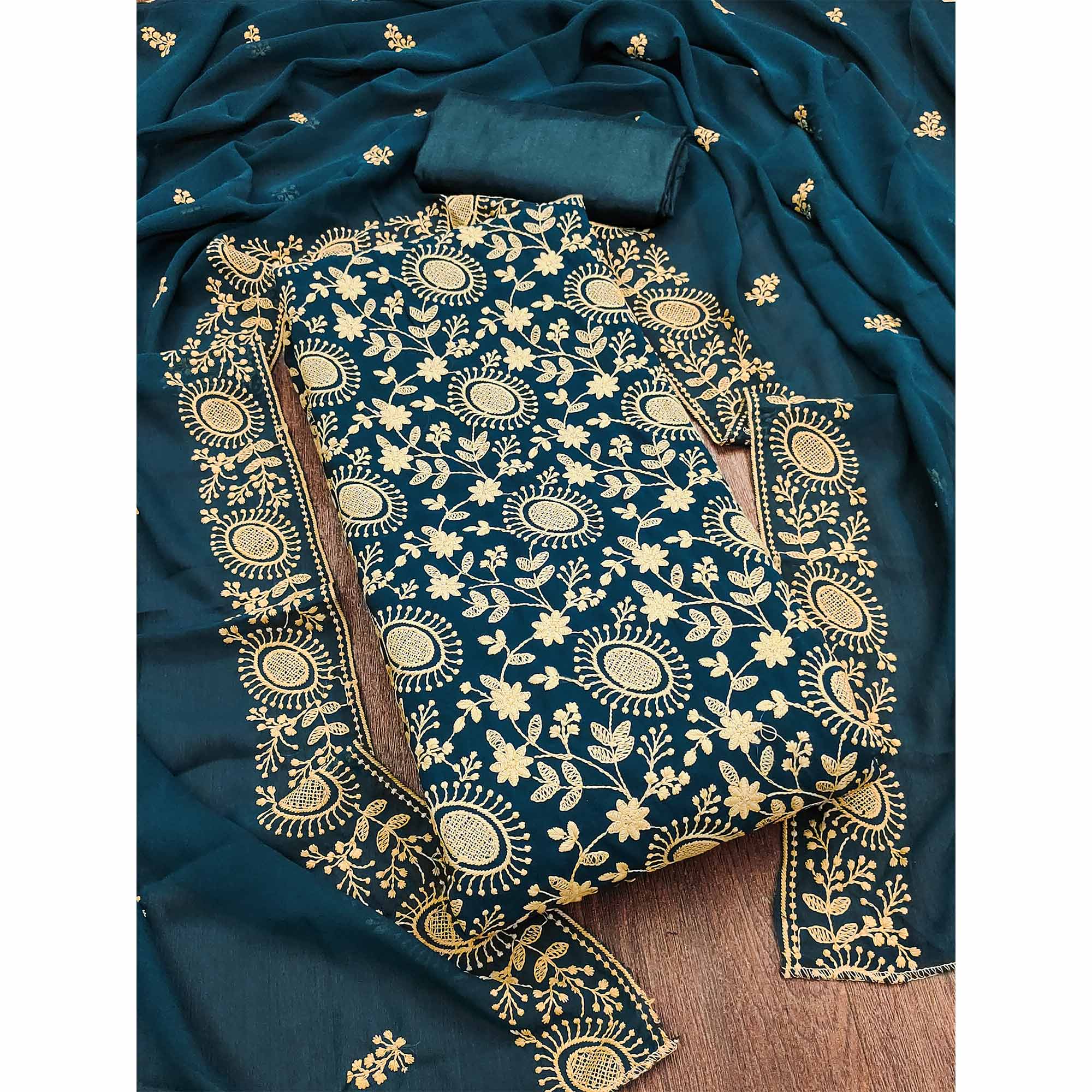 Teal Blue Floral Embroidered Georgette Dress Material