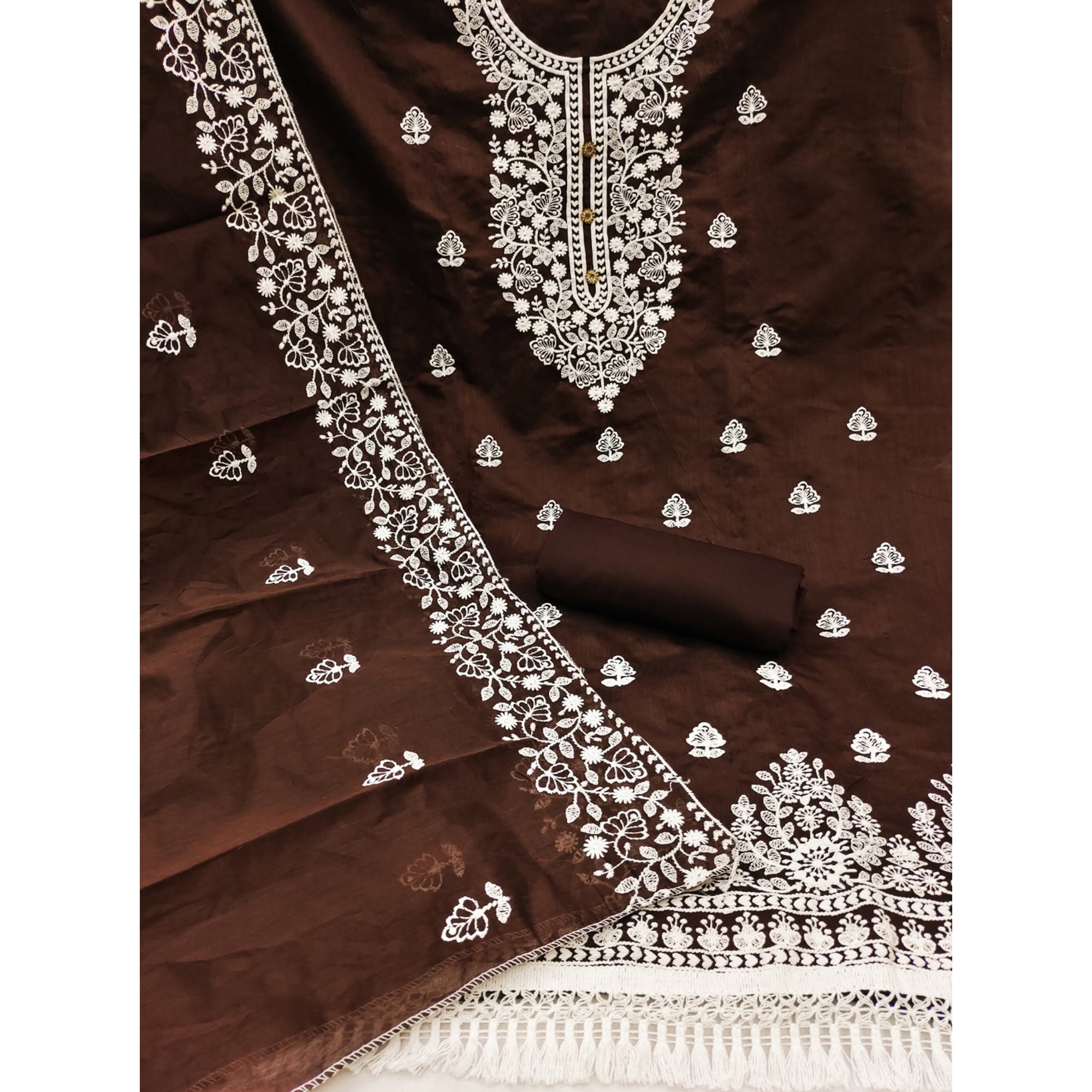 Brown Floral Embroidered Chanderi Cotton Dress Material