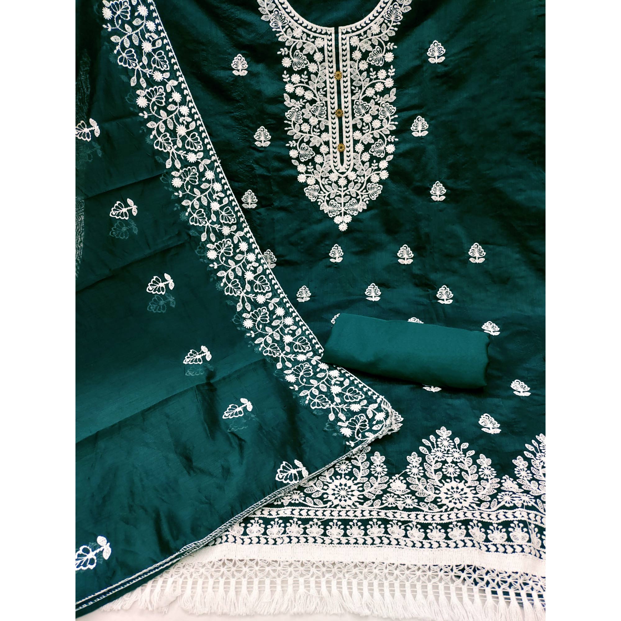 Dark Green Floral Embroidered Chanderi Cotton Dress Material