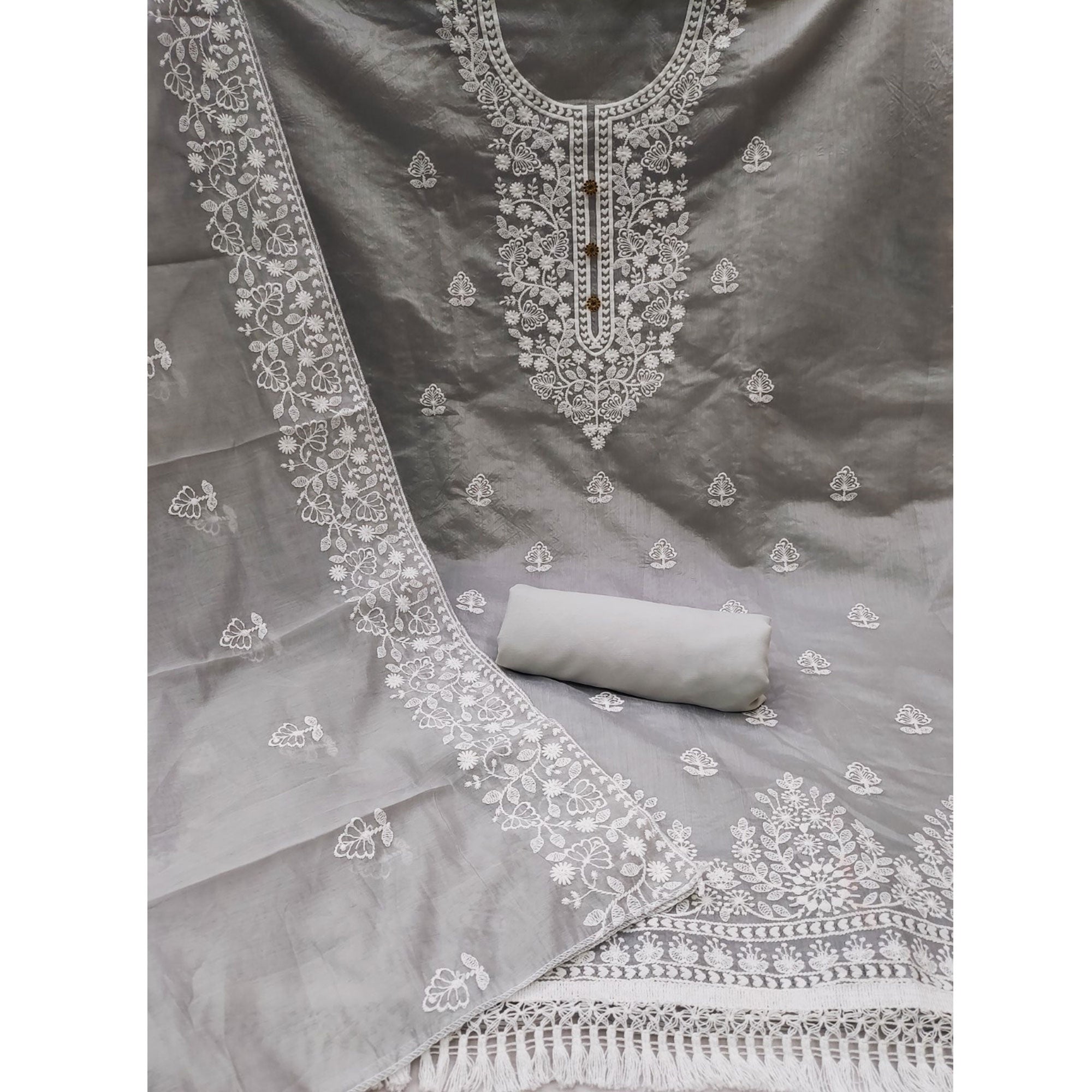 Grey Floral Embroidered Chanderi Cotton Dress Material