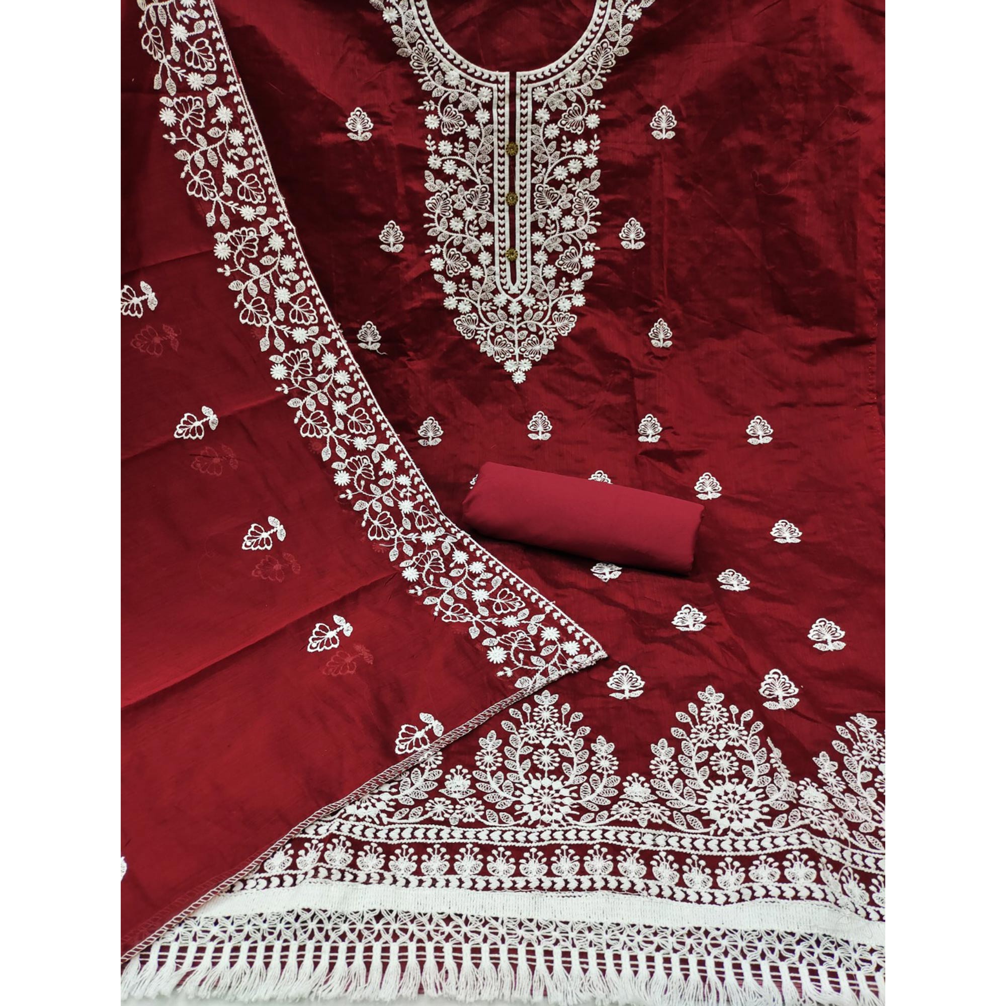 Maroon Floral Embroidered Chanderi Cotton Dress Material