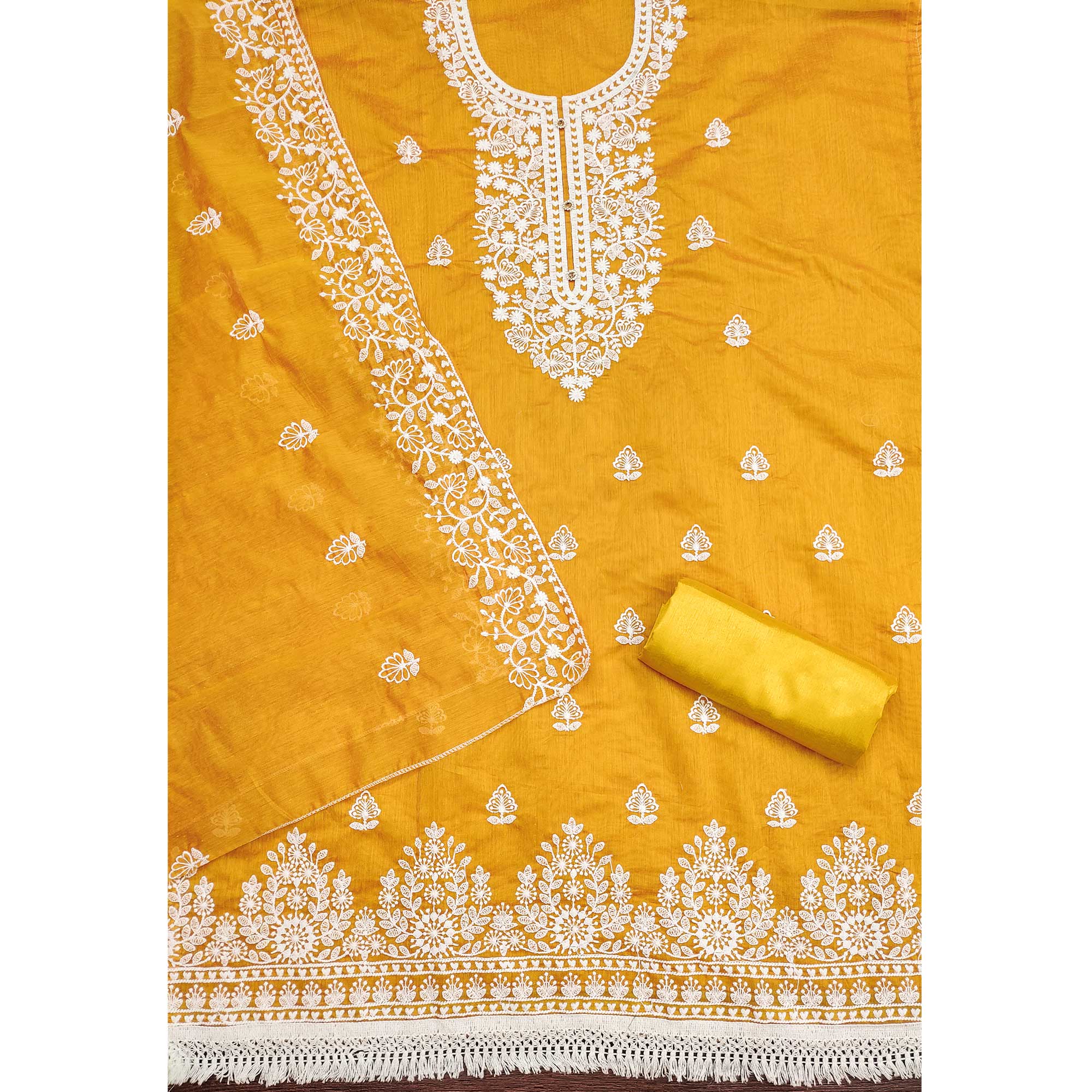Mustard Floral Embroidered Chanderi Cotton Dress Material