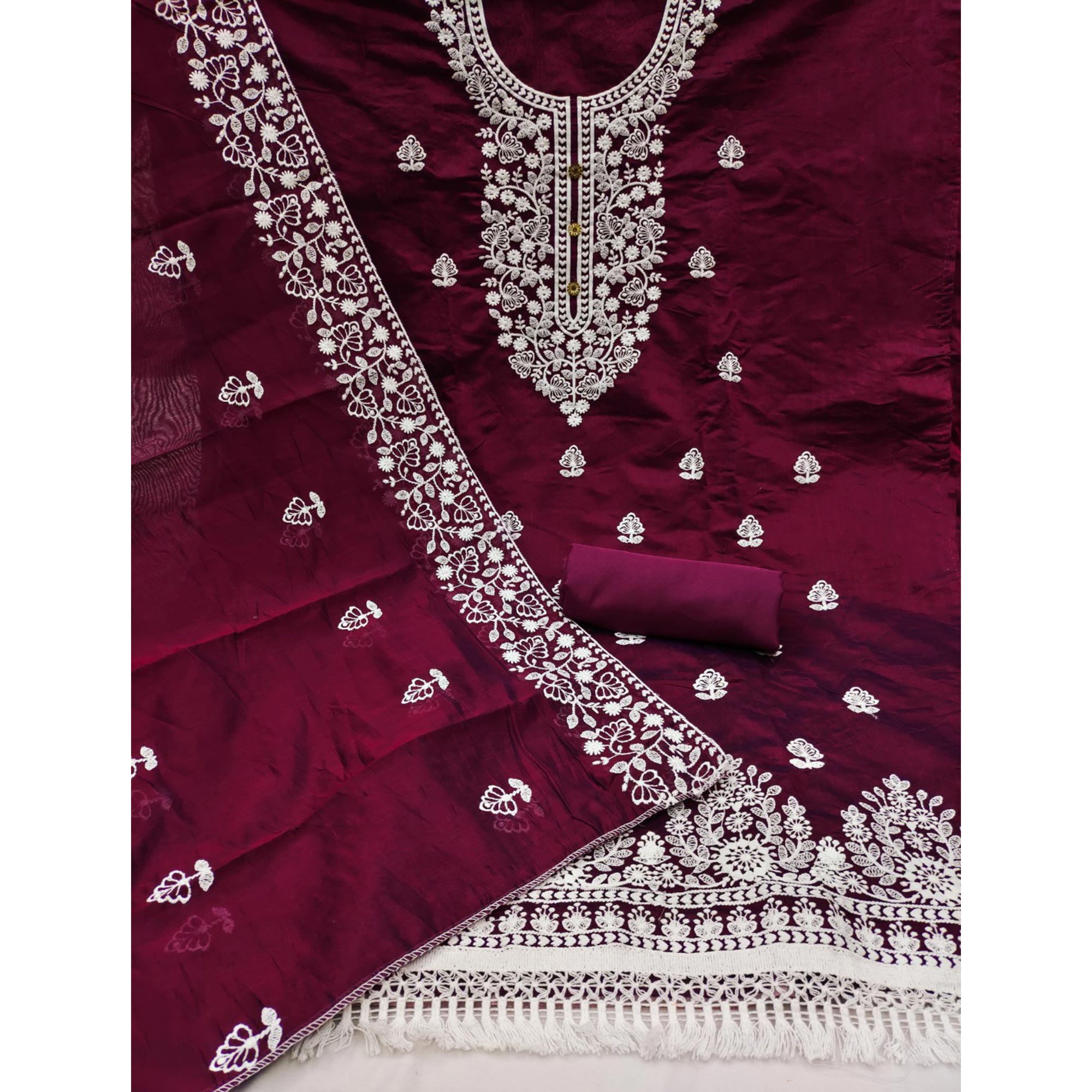 Wine Floral Embroidered Chanderi Cotton Dress Material