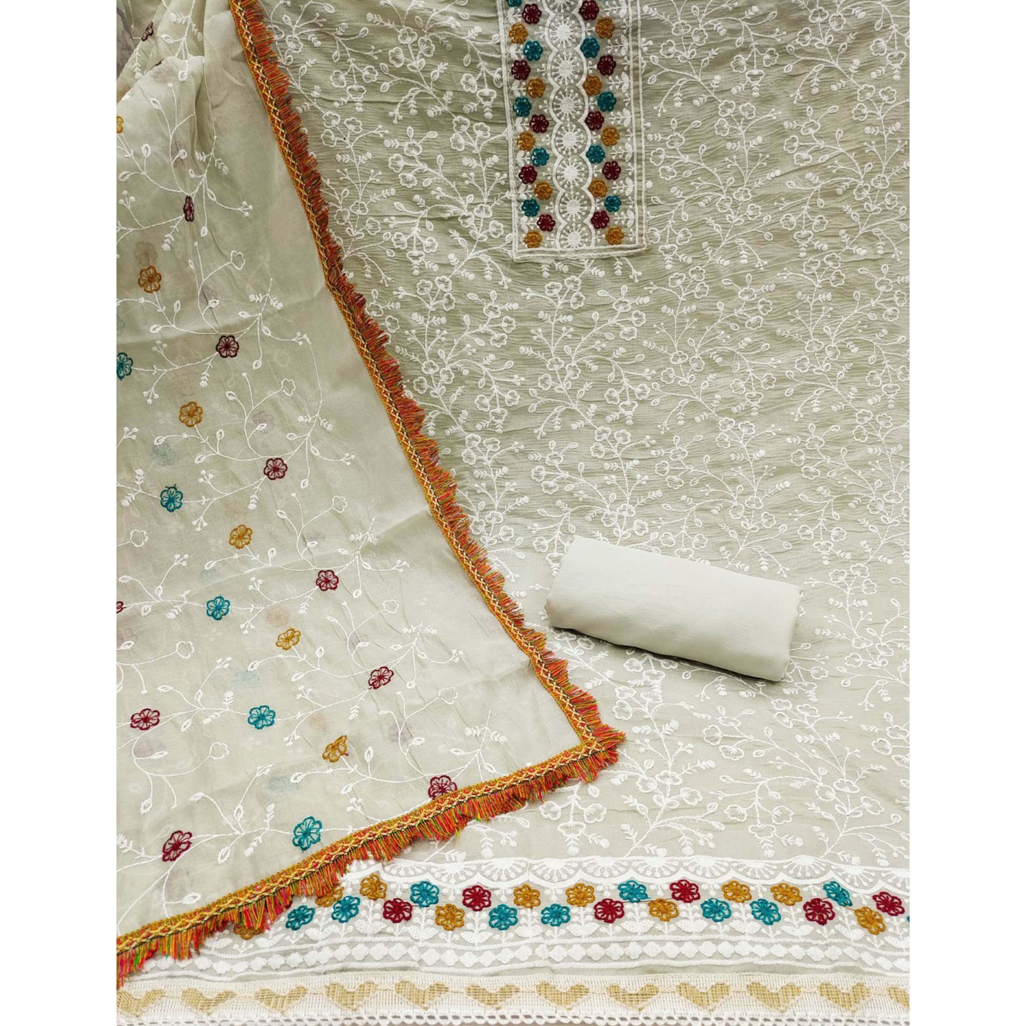 Cream Chanderi Cotton Dress Material With Floral Thread Embroidery