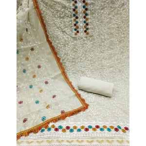Cream Chanderi Cotton Dress Material With Floral Thread Embroidery