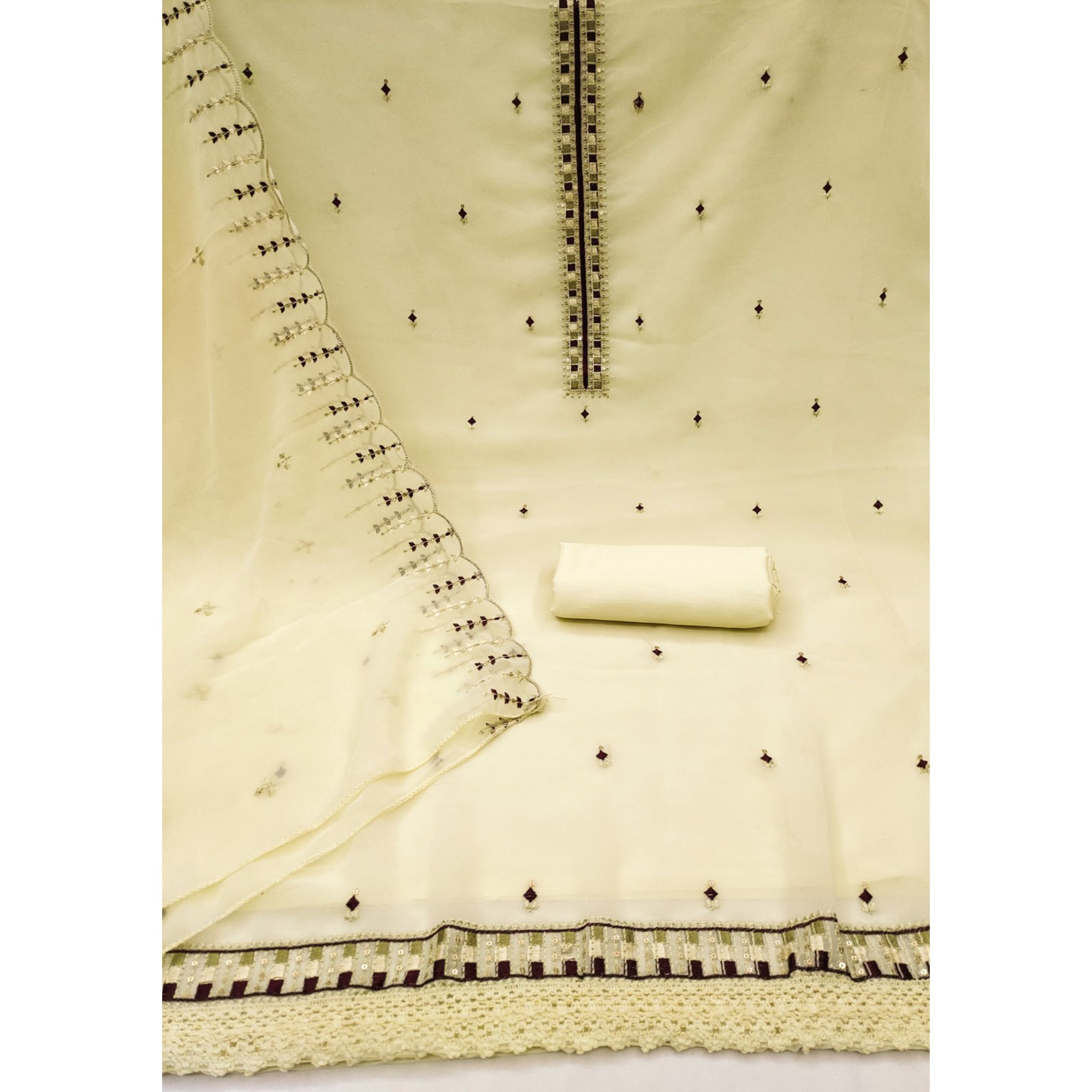 Light Yellow Sequins & Thread Embroidered Georgette Dress Material