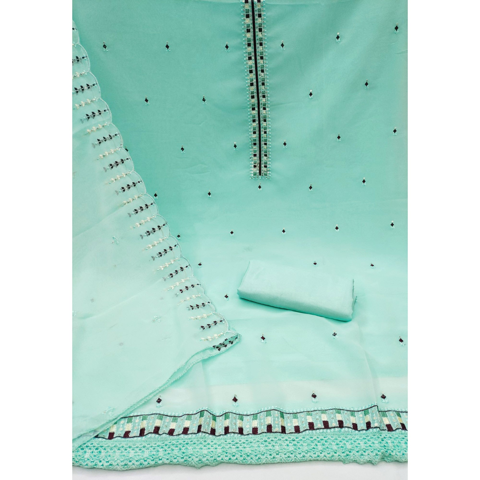 Turquoise Sequins & Thread Embroidered Georgette Dress Material
