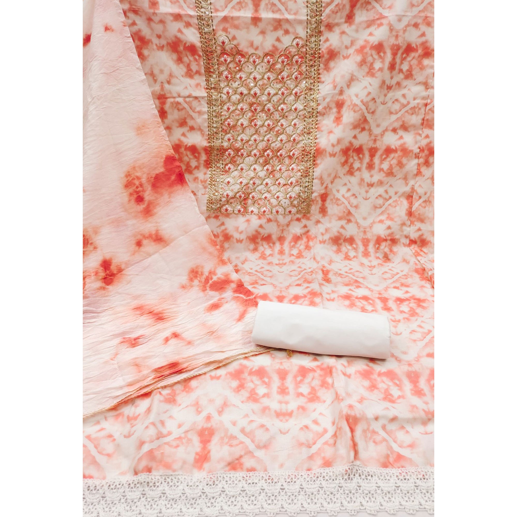 Peach Printed With Embroidery Cotton Blend Dress Material