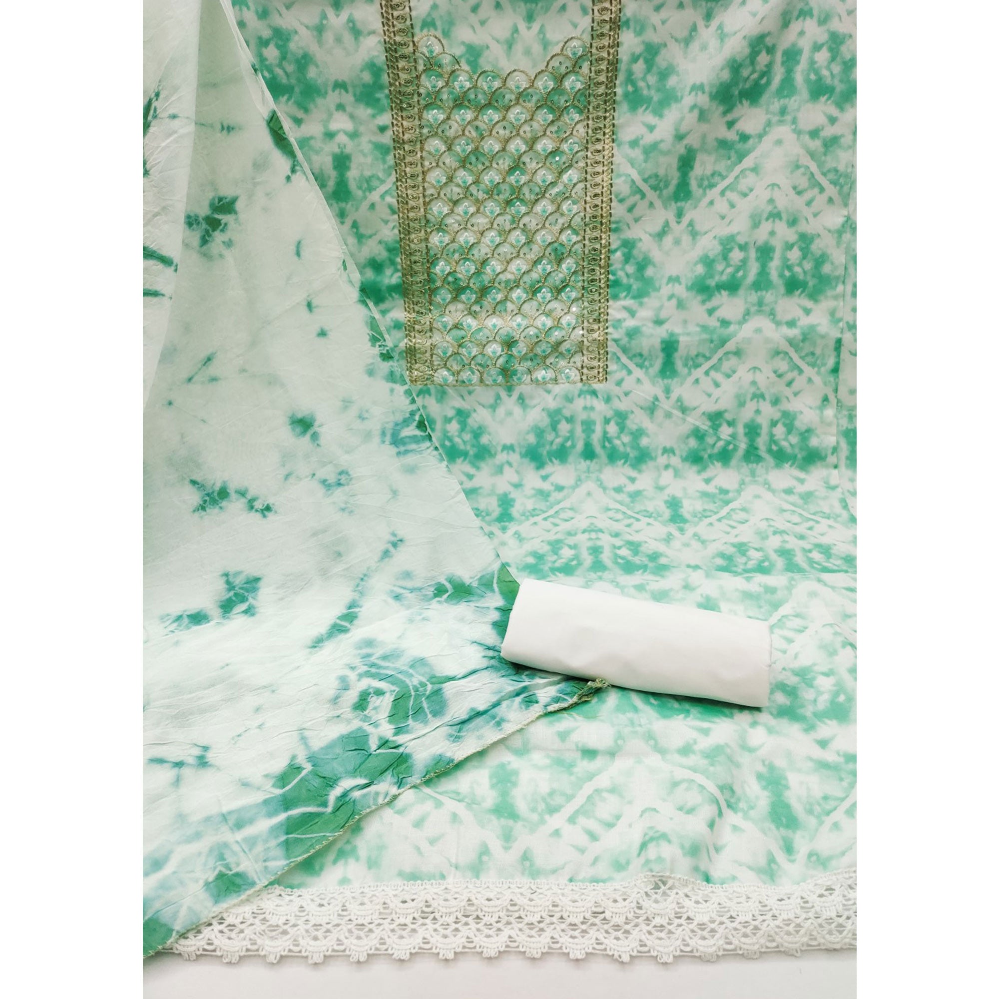 Sea Green Printed With Embroidery Cotton Blend Dress Material