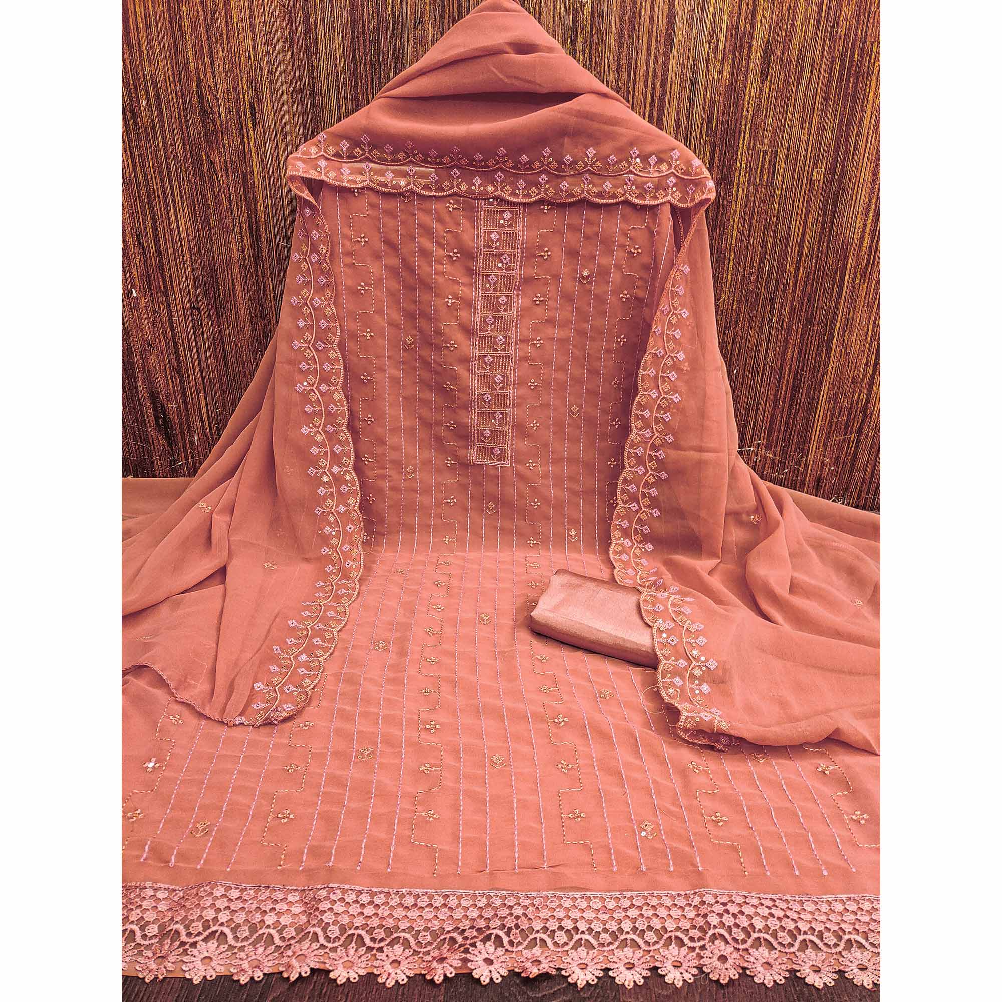 Dusty Orange Sequins Embroidered Georgette Dress Material