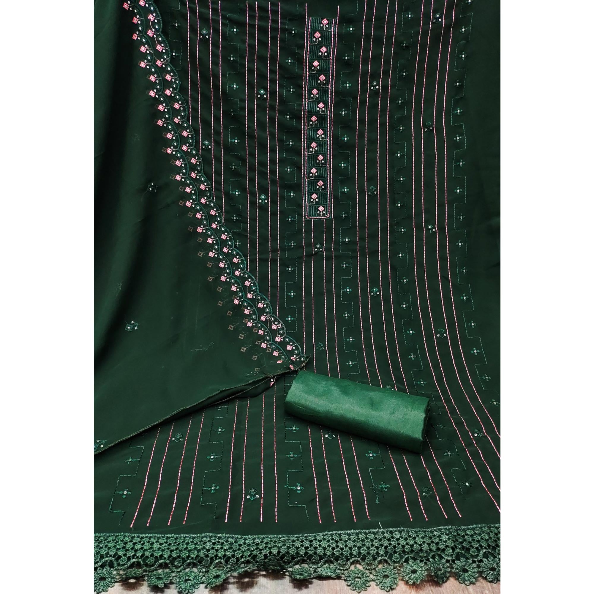 Green Sequins Embroidered Georgette Dress Material