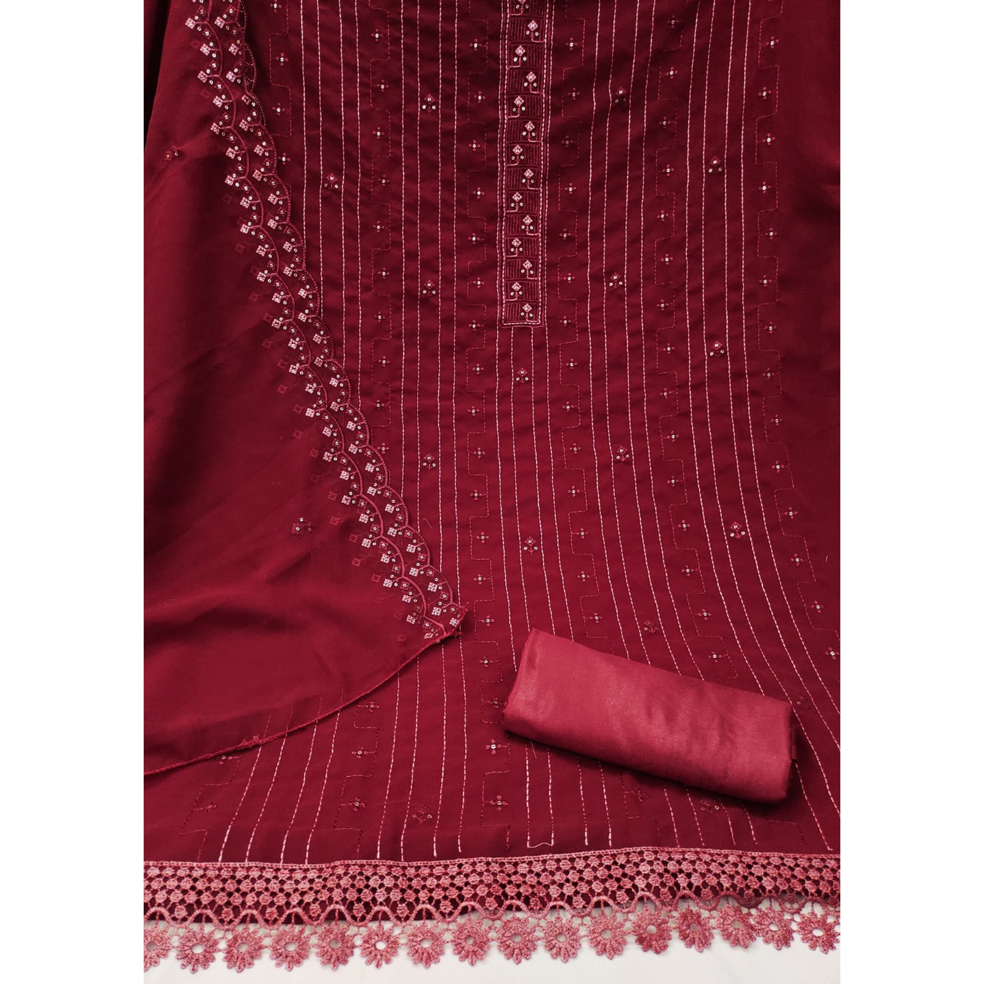 Maroon Sequins Embroidered Georgette Dress Material