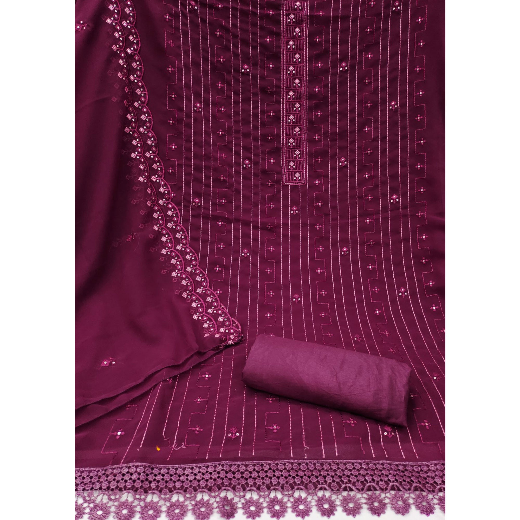 Purple Sequins Embroidered Georgette Dress Material