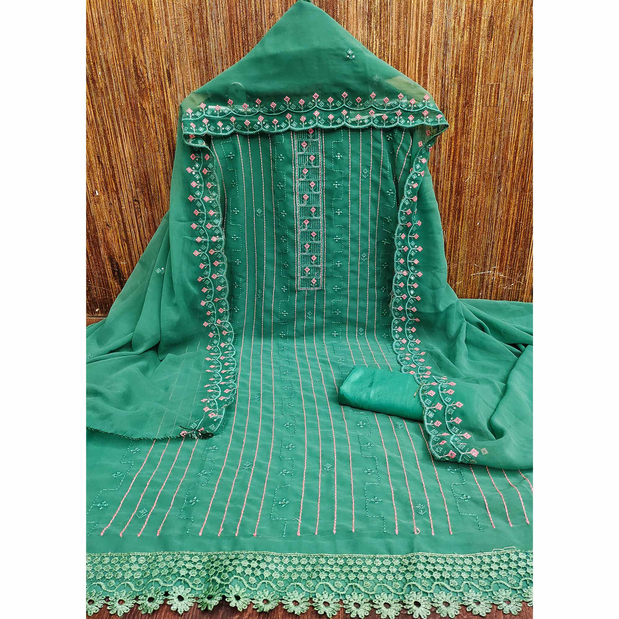 Rama Green Sequins Embroidered Georgette Dress Material