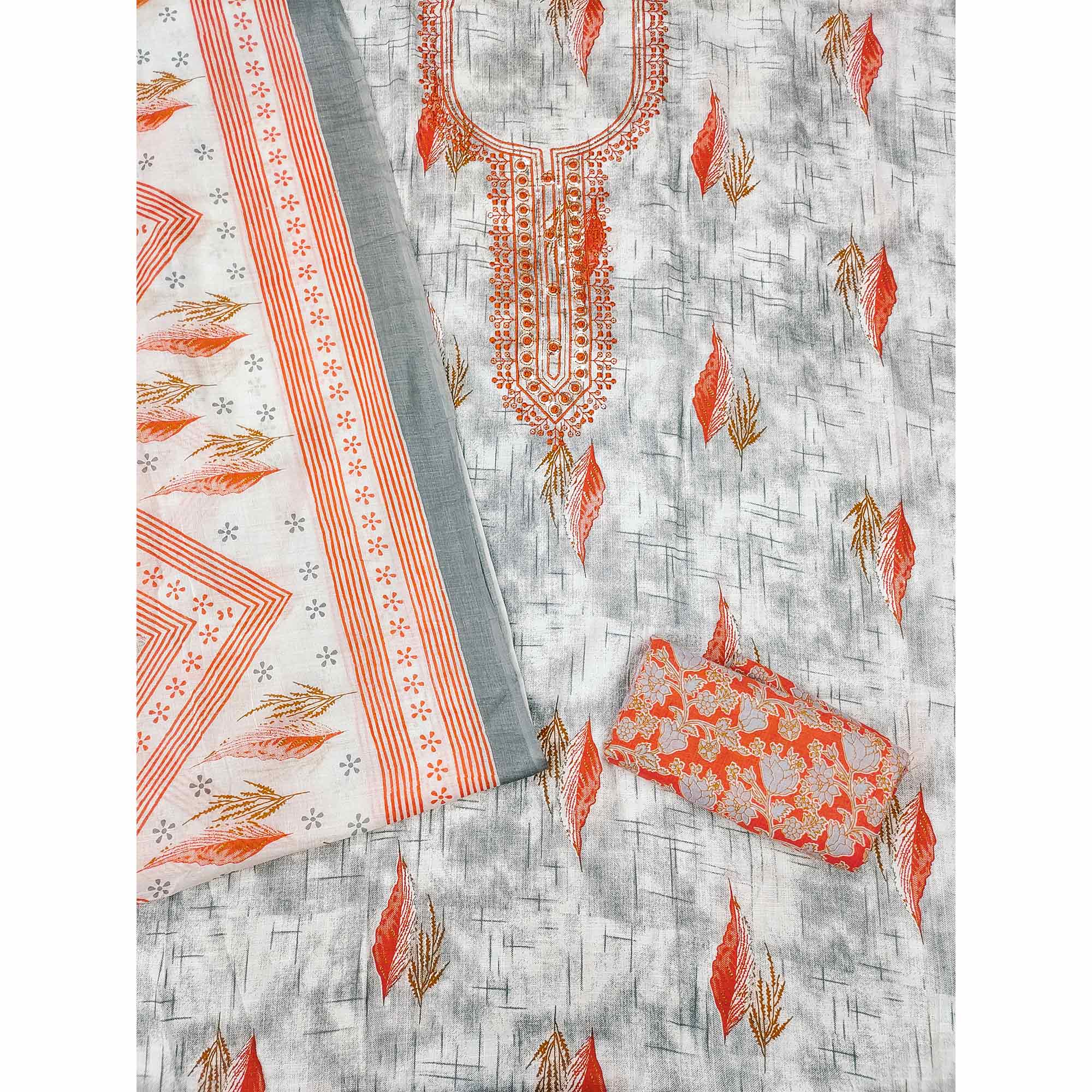 Orange Floral Printed With Embroidered Cotton Blend Dress Material