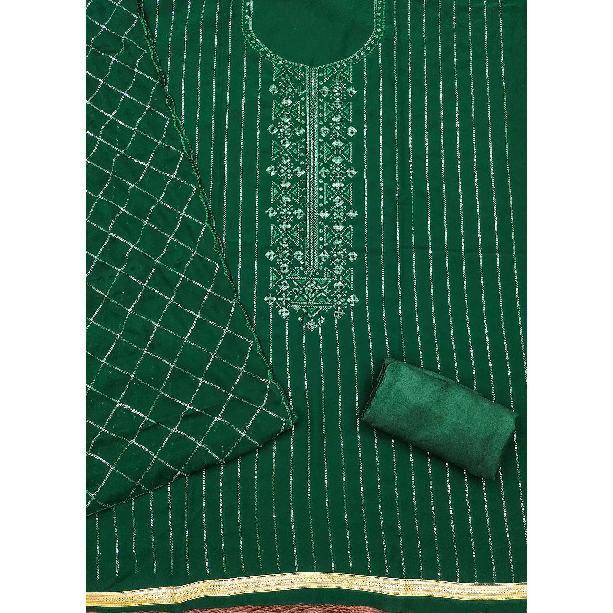 Green Sequins Embroidered Georgette Dress Material