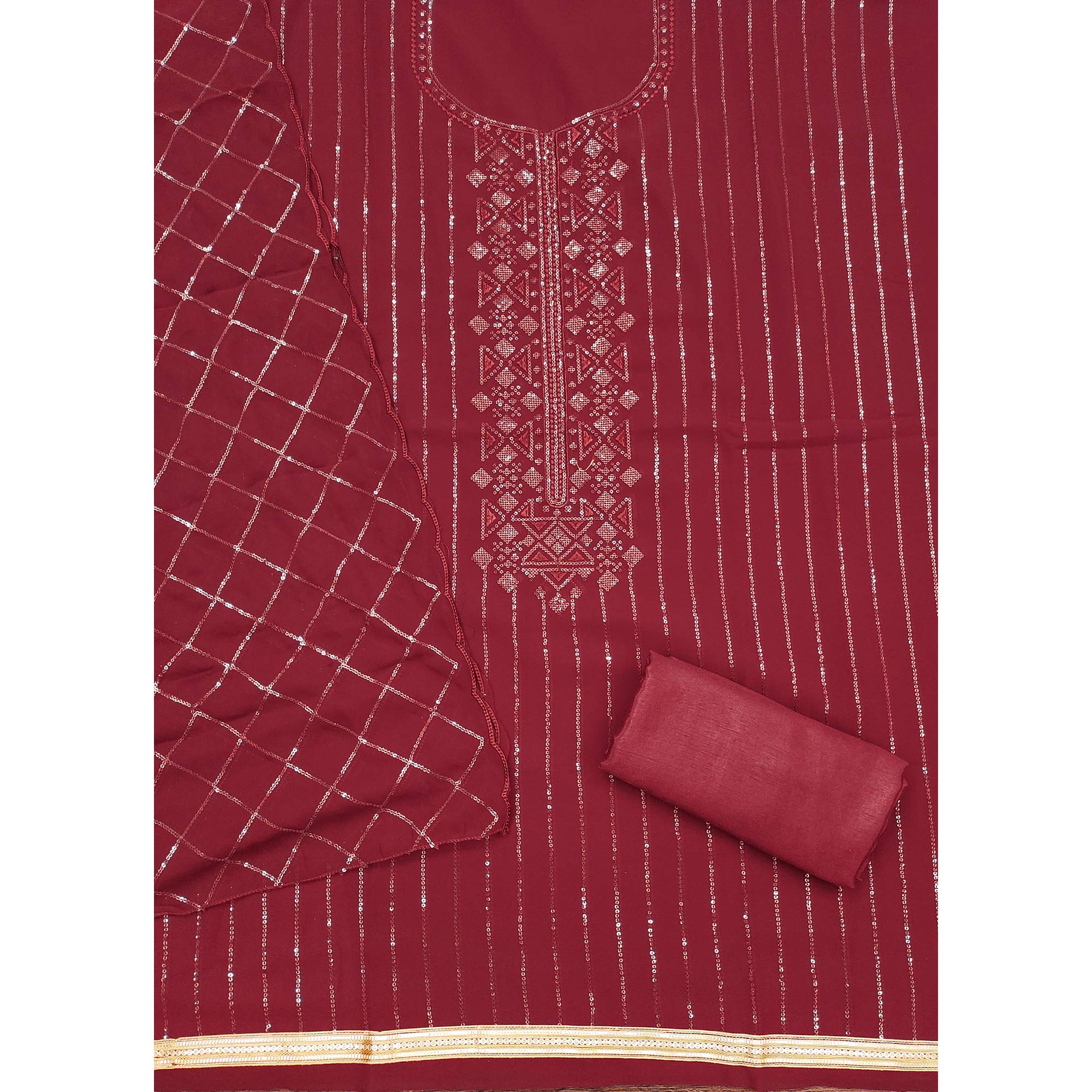 Maroon Sequins Embroidered Georgette Dress Material