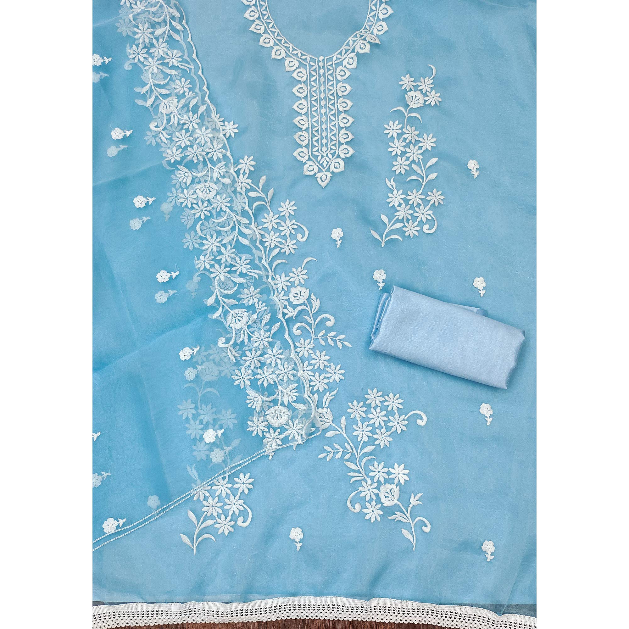 Blue Floral Embroidered Organza Dress Material