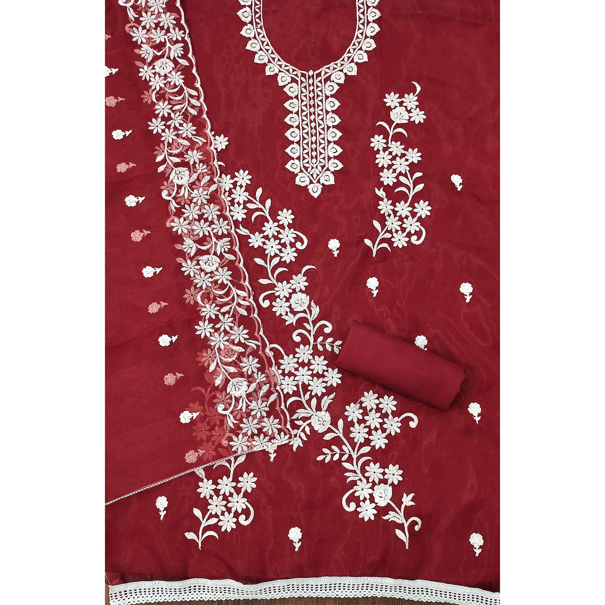 Maroon Floral Embroidered Organza Dress Material