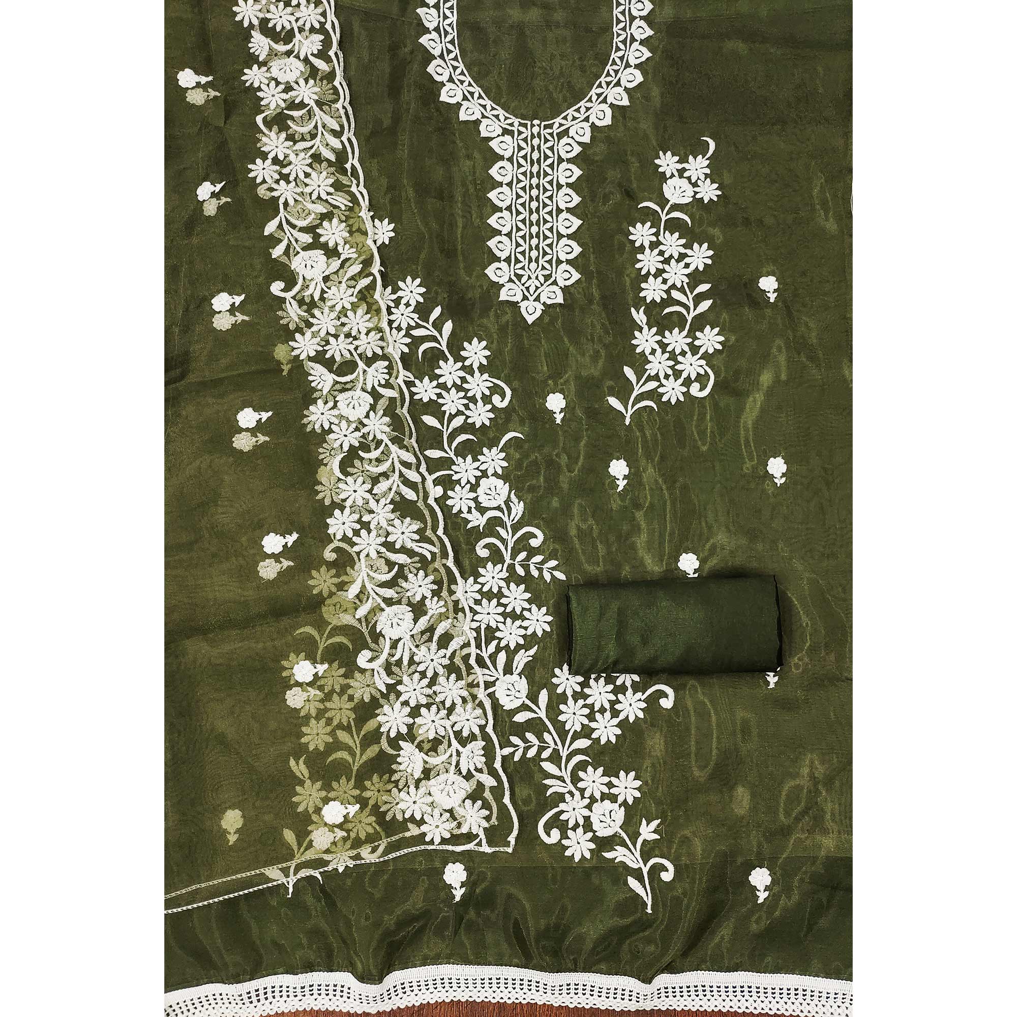 Mehendi Green Floral Embroidered Organza Dress Material