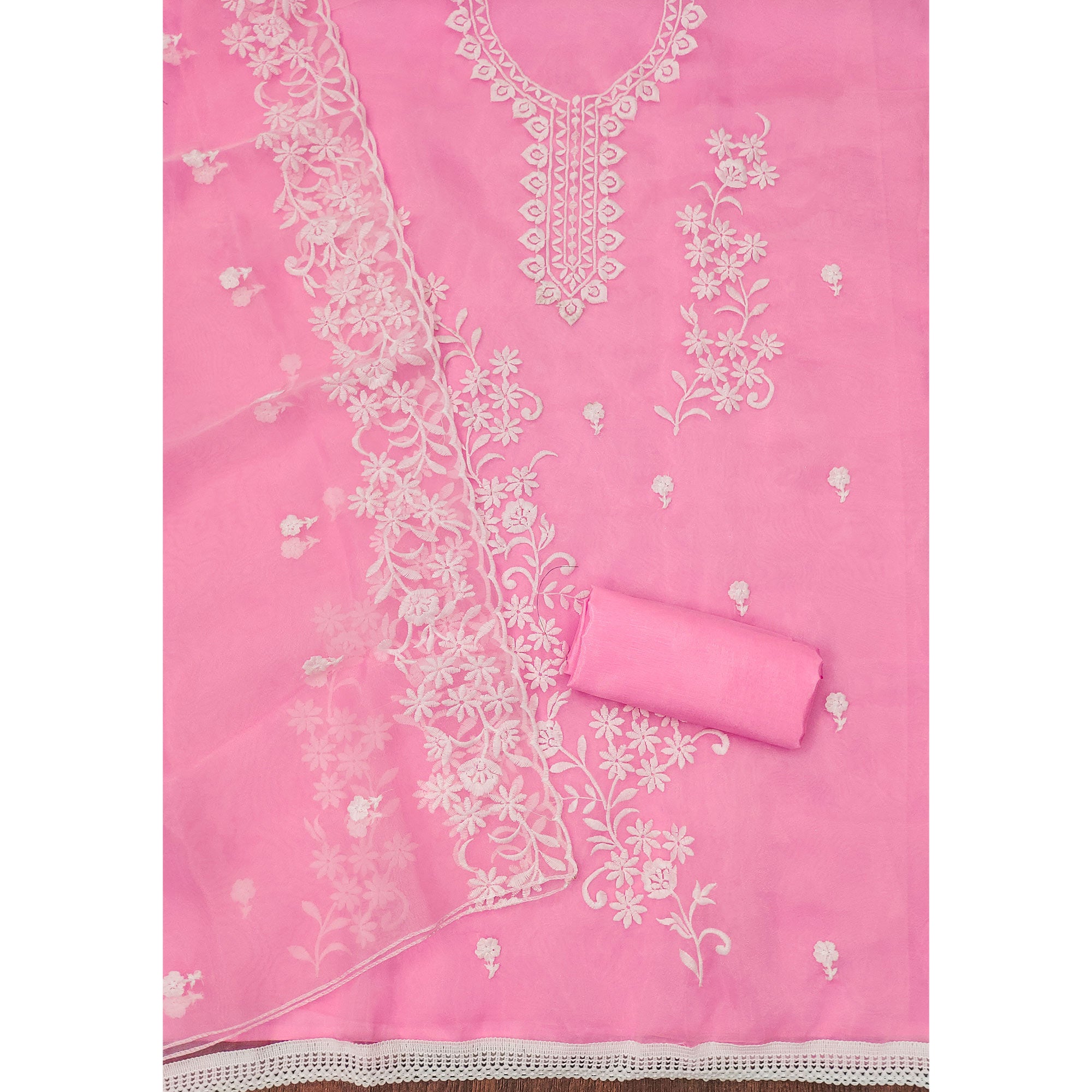 Pink Floral Embroidered Organza Dress Material