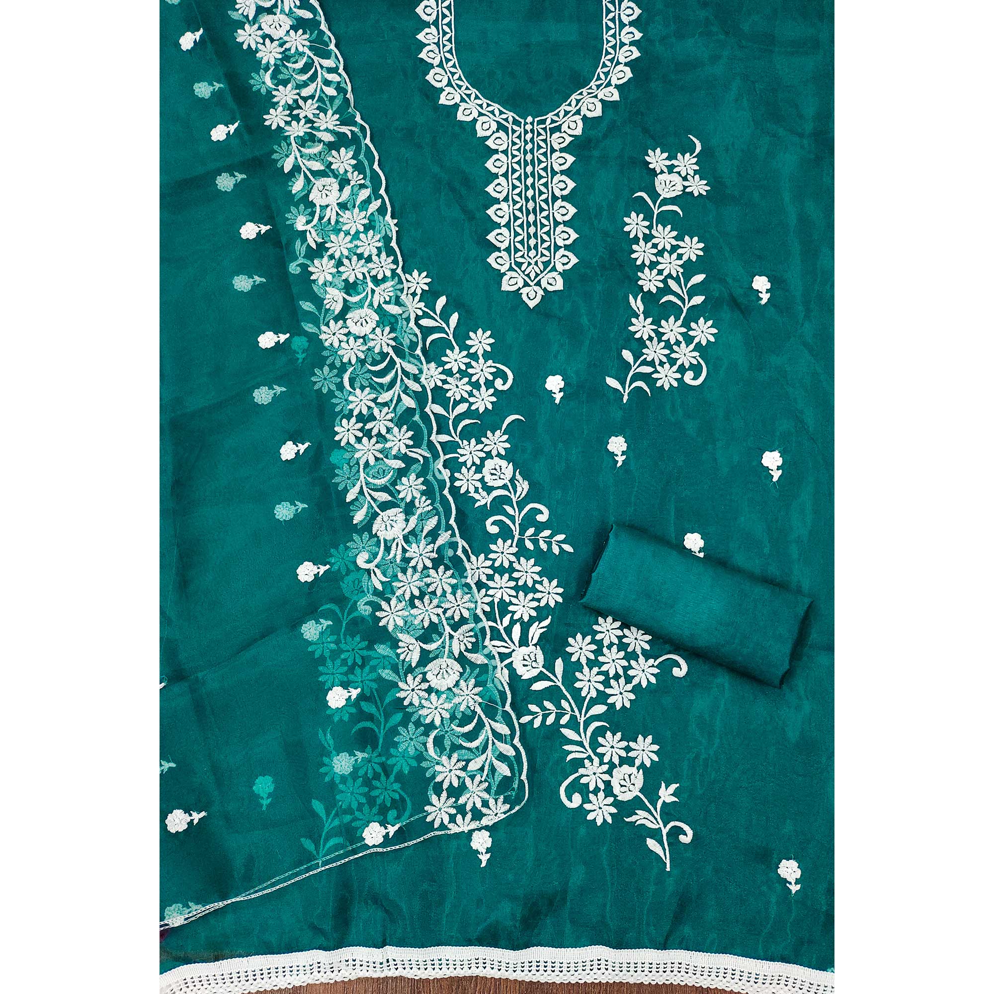 Teal Floral Embroidered Organza Dress Material