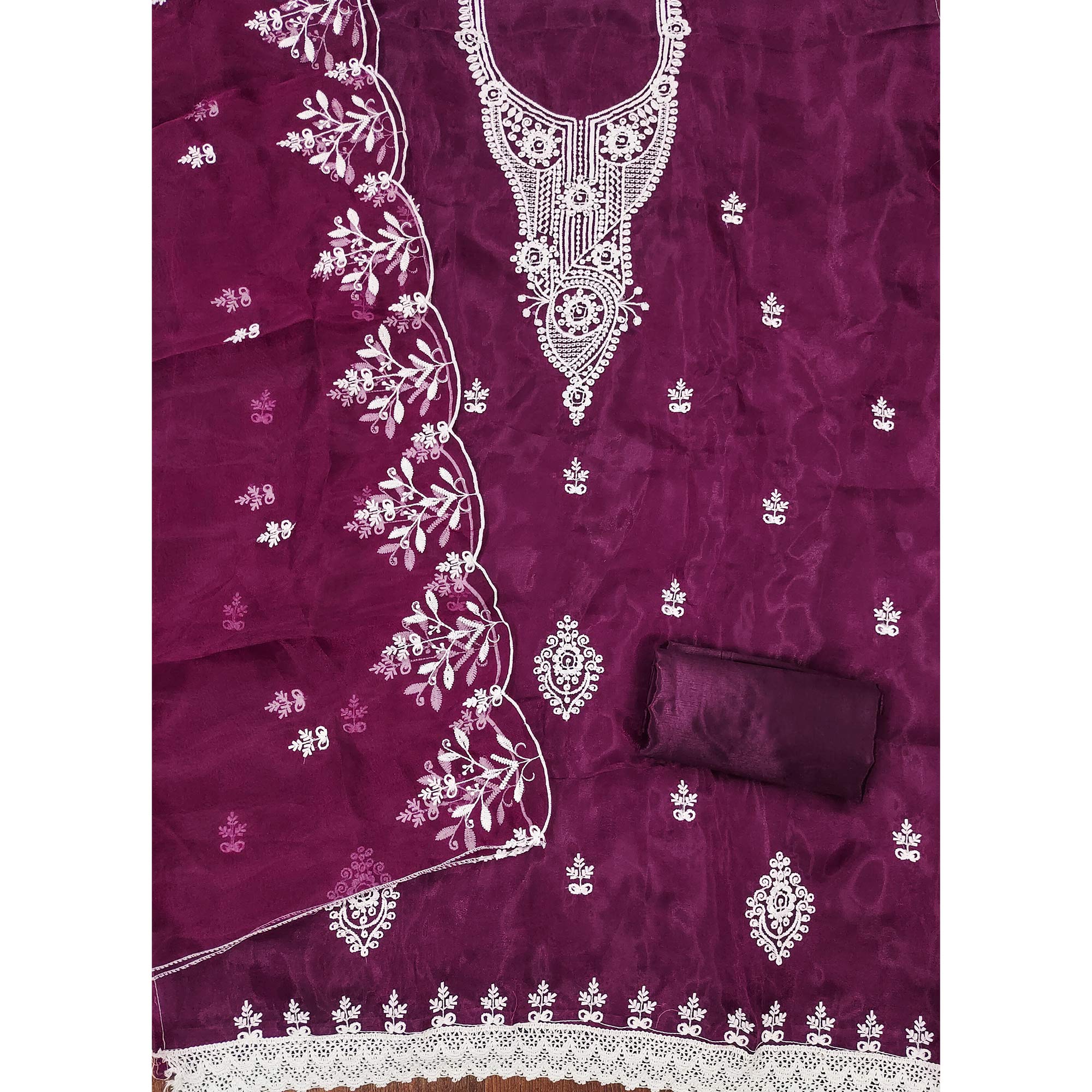 Purple Floral Embroidered Organza Dress Material