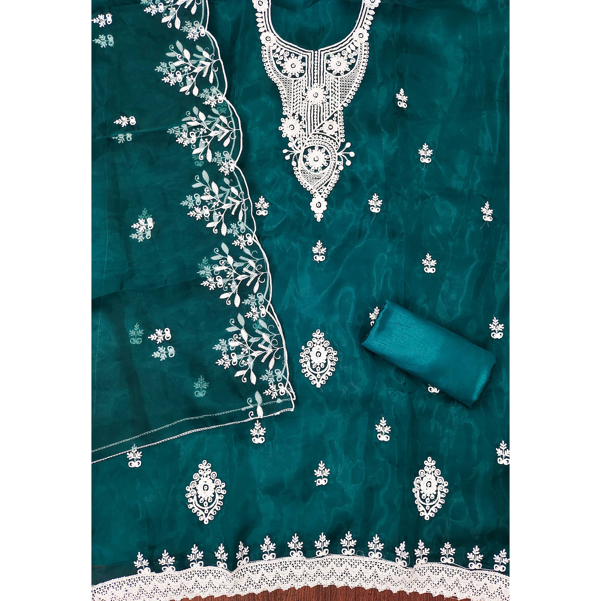 Teal Floral Embroidered Organza Dress Material