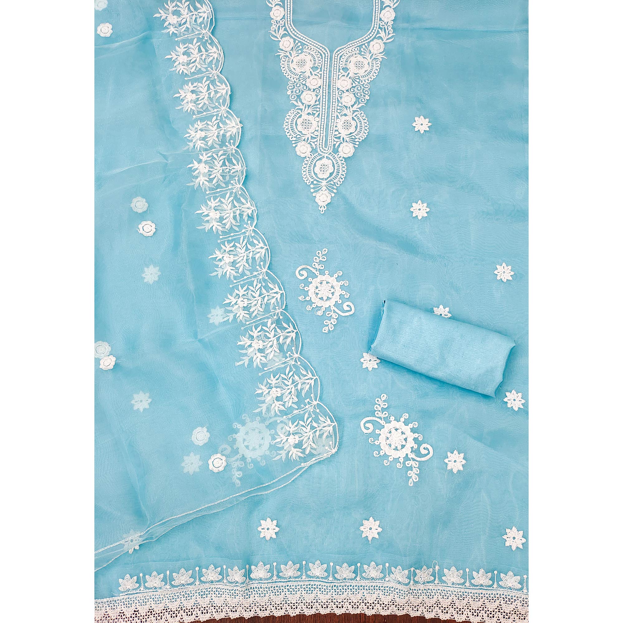 Blue Floral Embroidered Organza Dress Material
