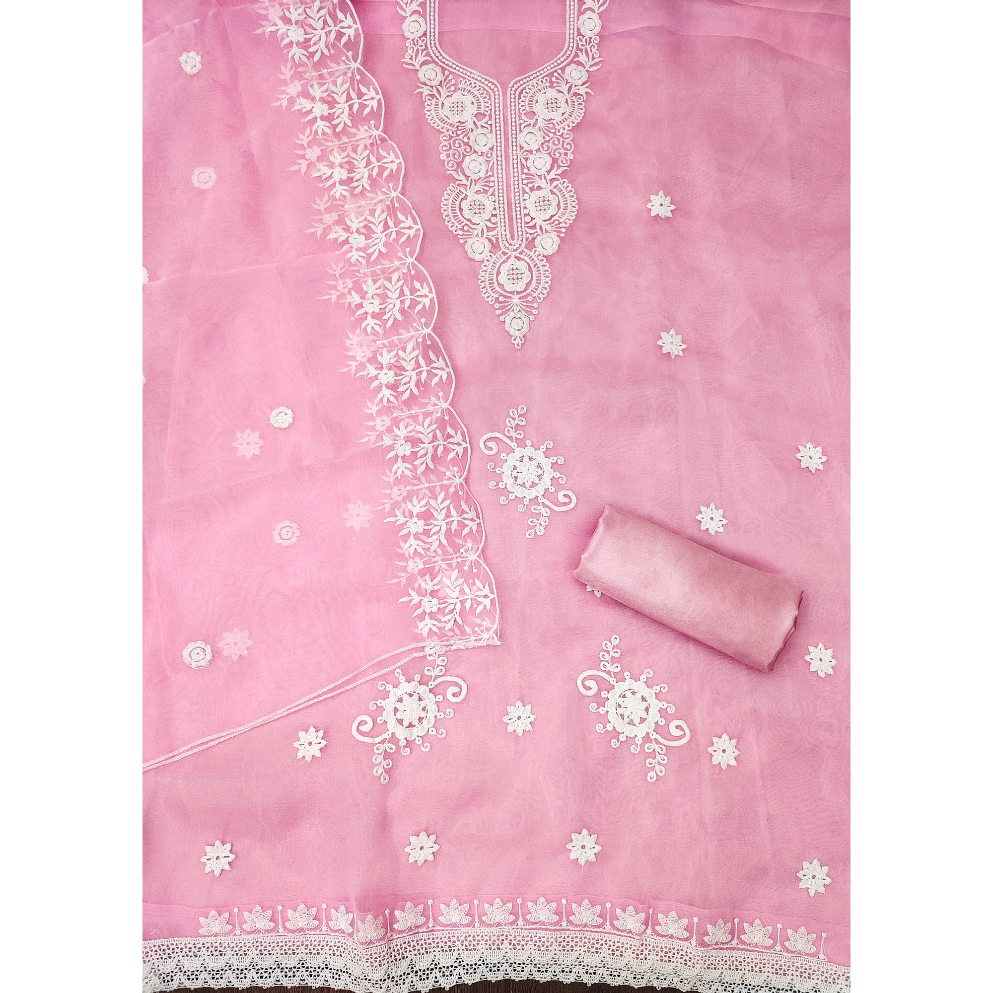 Pink Floral Embroidered Organza Dress Material