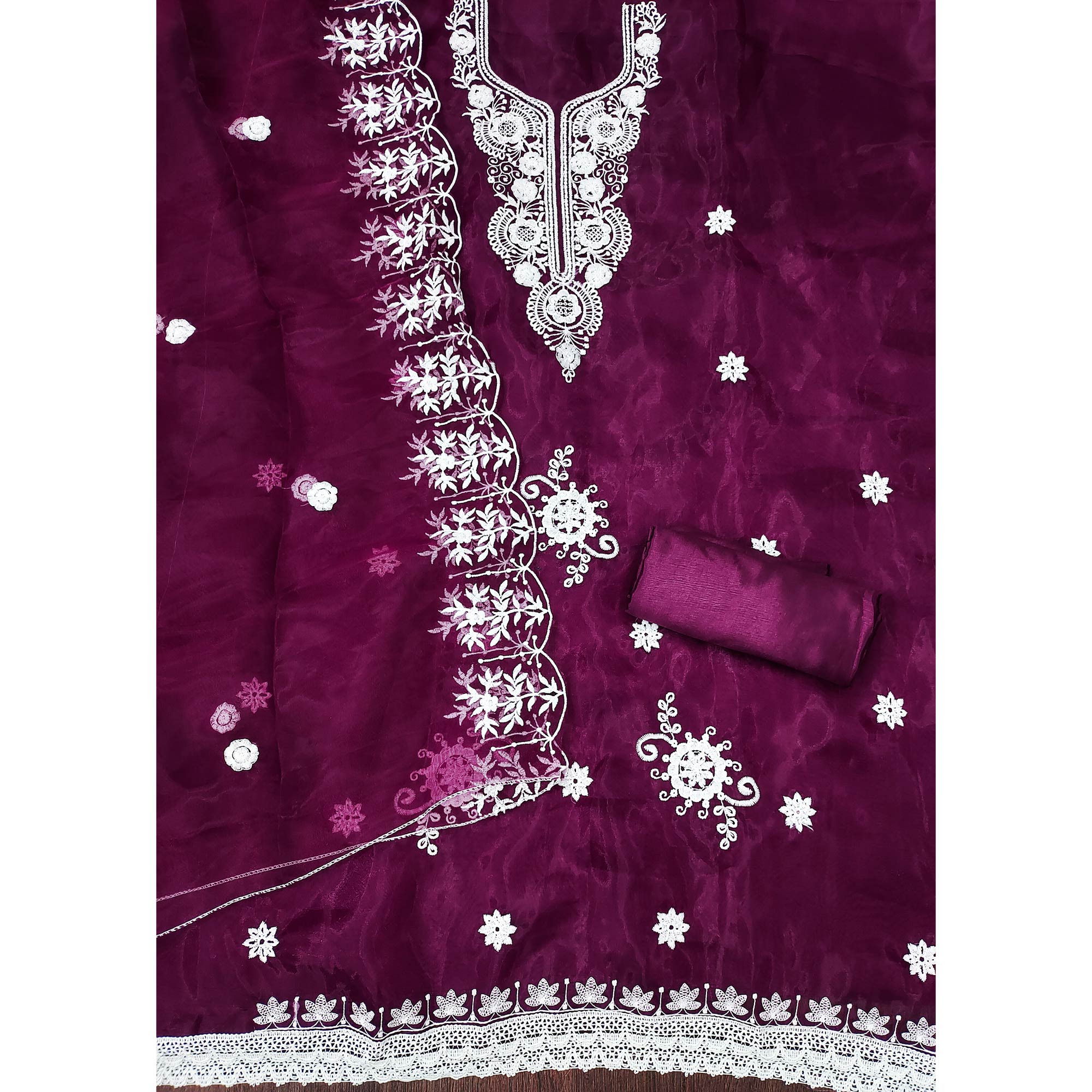 Purple Floral Embroidered Organza Dress Material