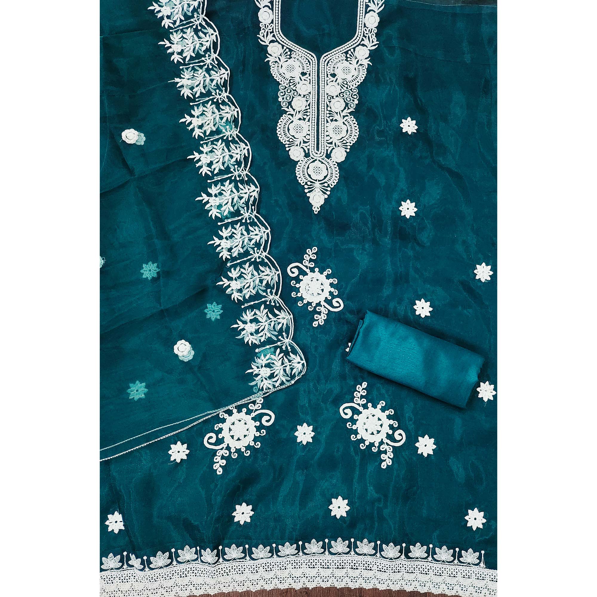 Teal Floral Embroidered Organza Dress Material
