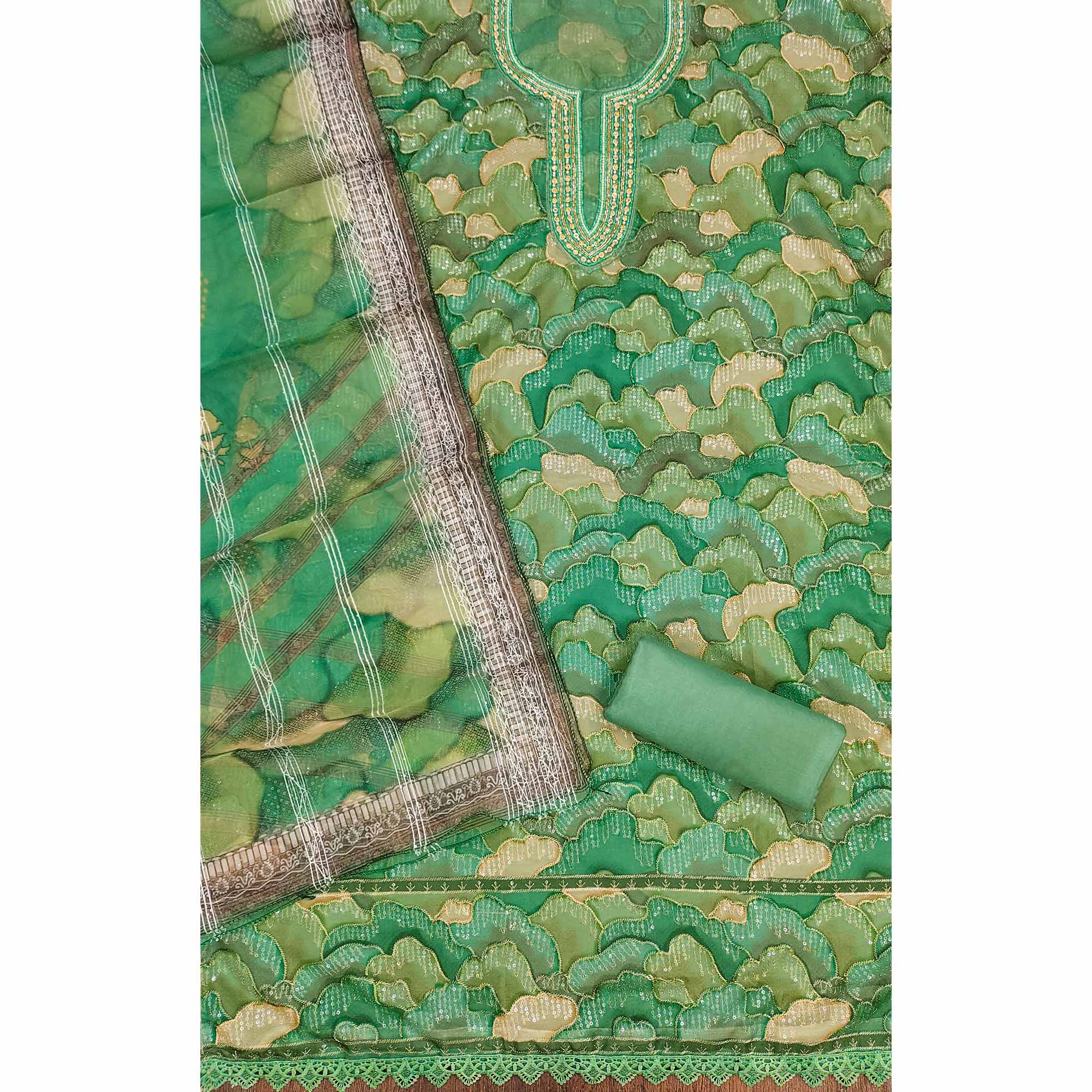 Green Sequins Embroidered Organza Dress Material