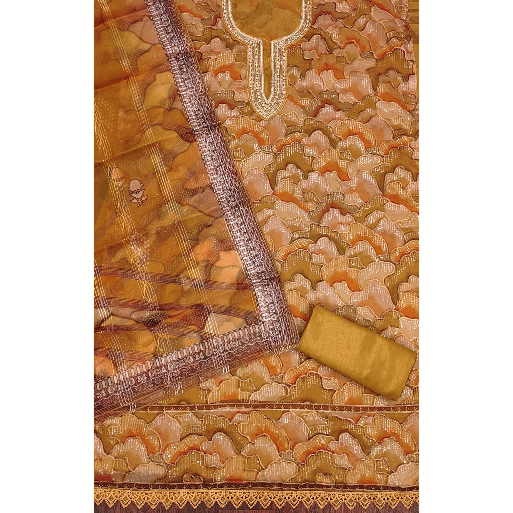 Mustard Sequins Embroidered Organza Dress Material