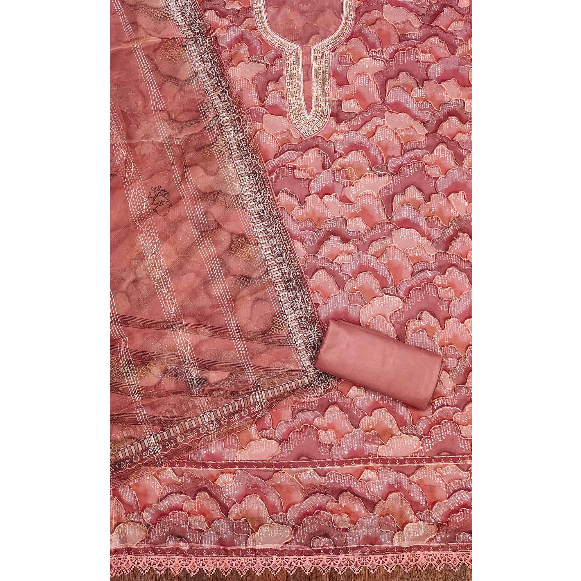 Peach Sequins Embroidered Orgnaza Dress Material